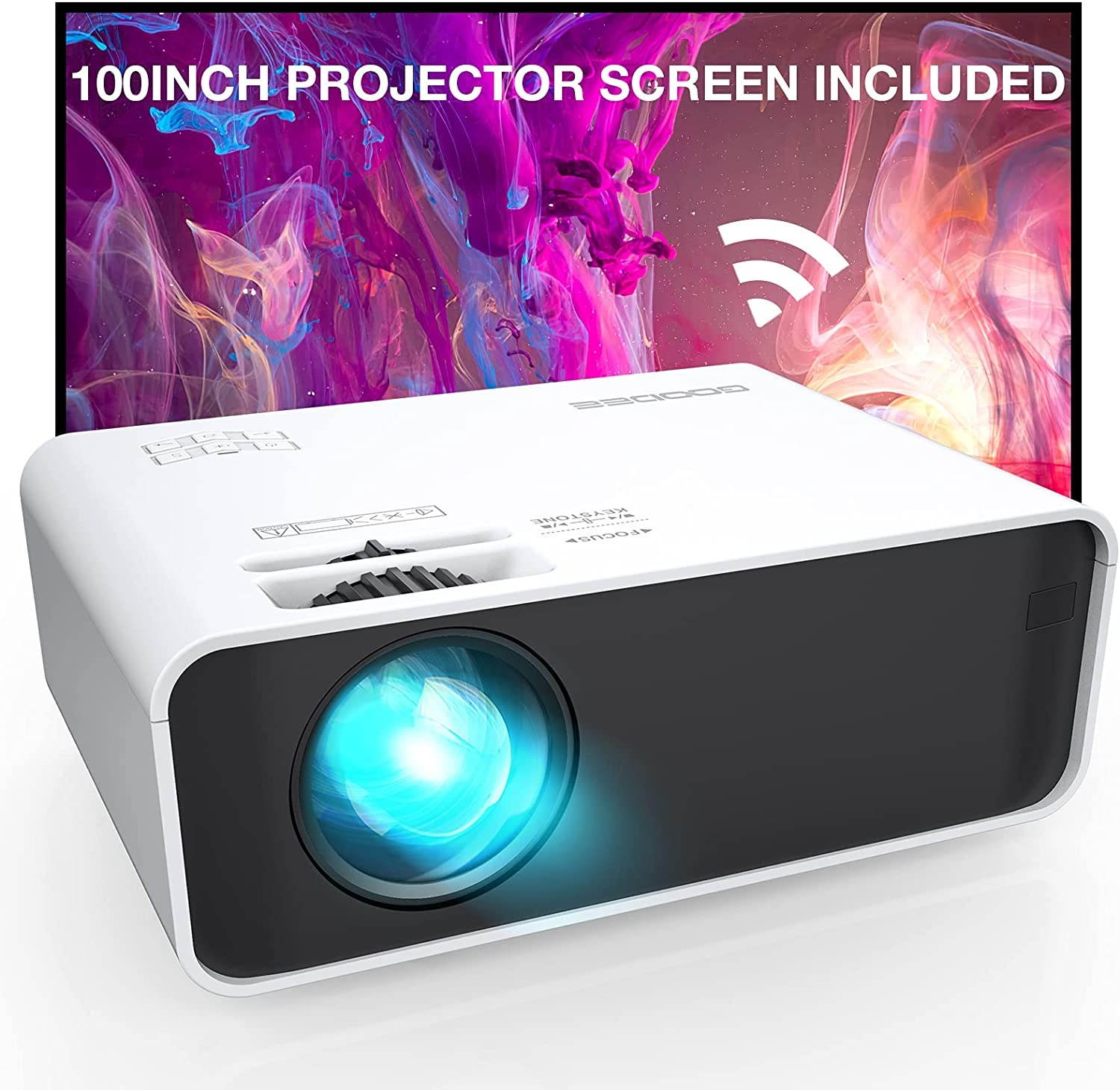 GooDee W80 WiFi Mini Projector with Screen, 7000L Synchronize Wireless Video Projector LED 1080P Full HD Supported, Compatible with TV Stick/DVD/USB, iOS/Android Phone