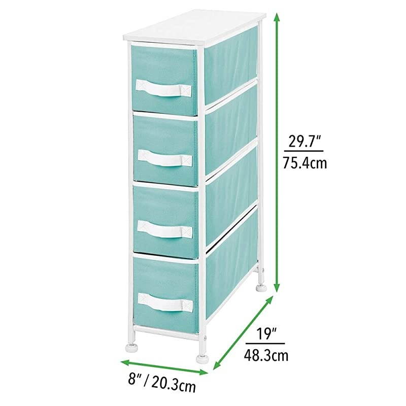 Narrow Vertical Dresser Storage Tower - Sturdy Metal Frame, Wood Top, Easy Pull Fabric Bins - Organizer Unit for Bedroom, Hallway, Entryway, Closet, 4 Drawers - Turquoise/White