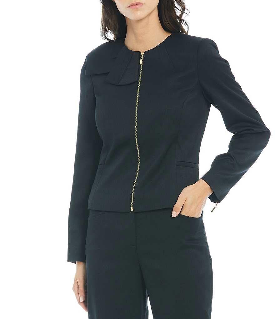 Tahari ASL Twill Zip Front Bow Jacket