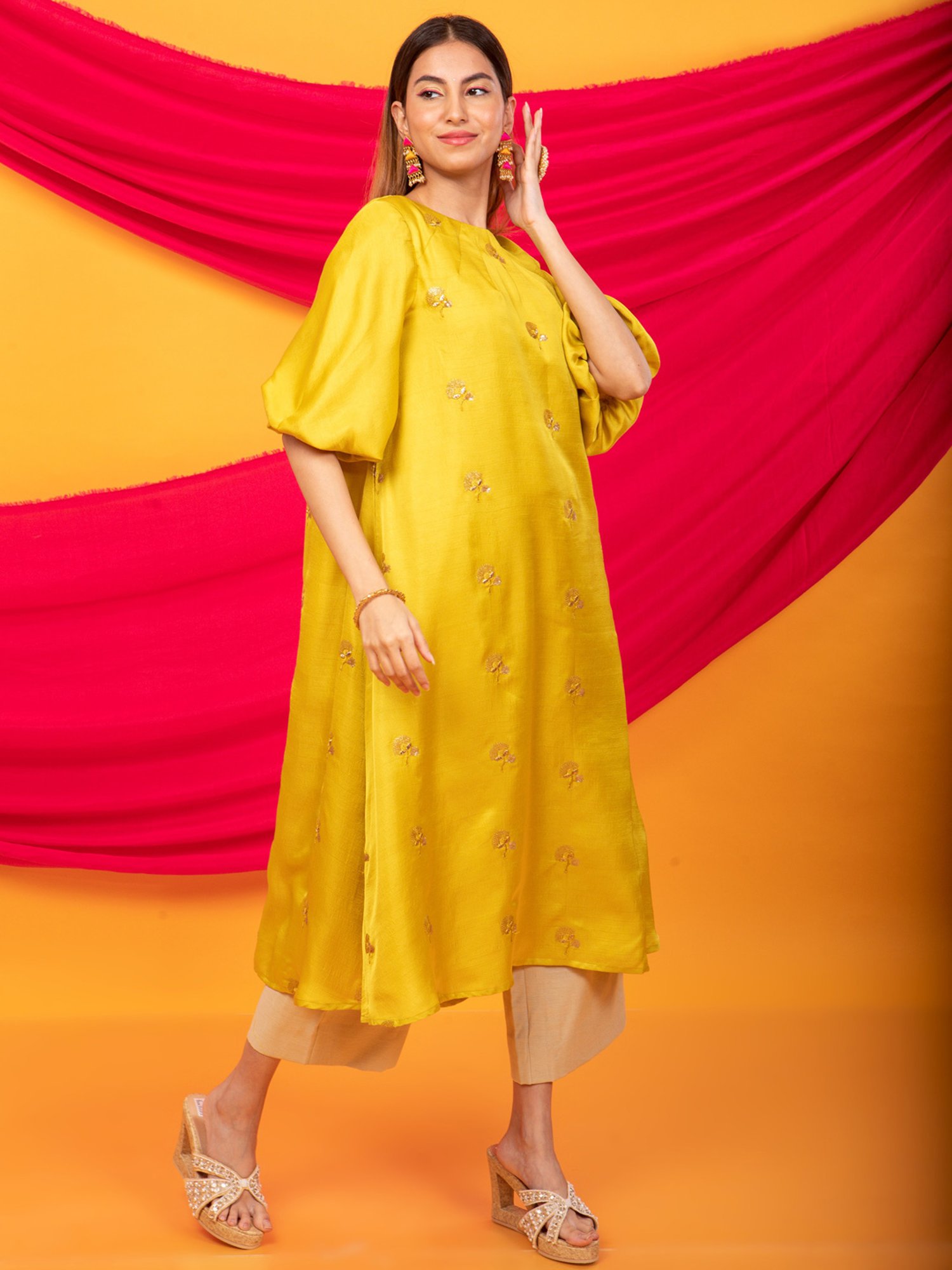 Monk & Mei Nusrat Assymetrical Kurta and Pant Co-ord Set-Canary Yellow