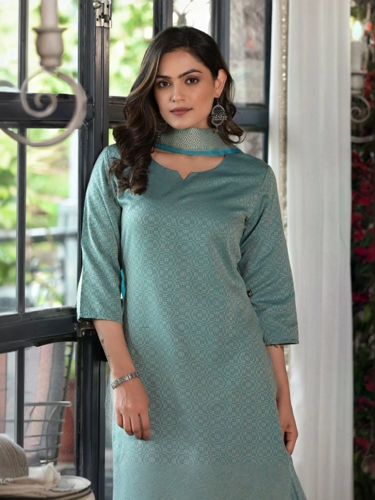 Juniper Blue Cotton Printed Kurta Pant Set With Dupatta