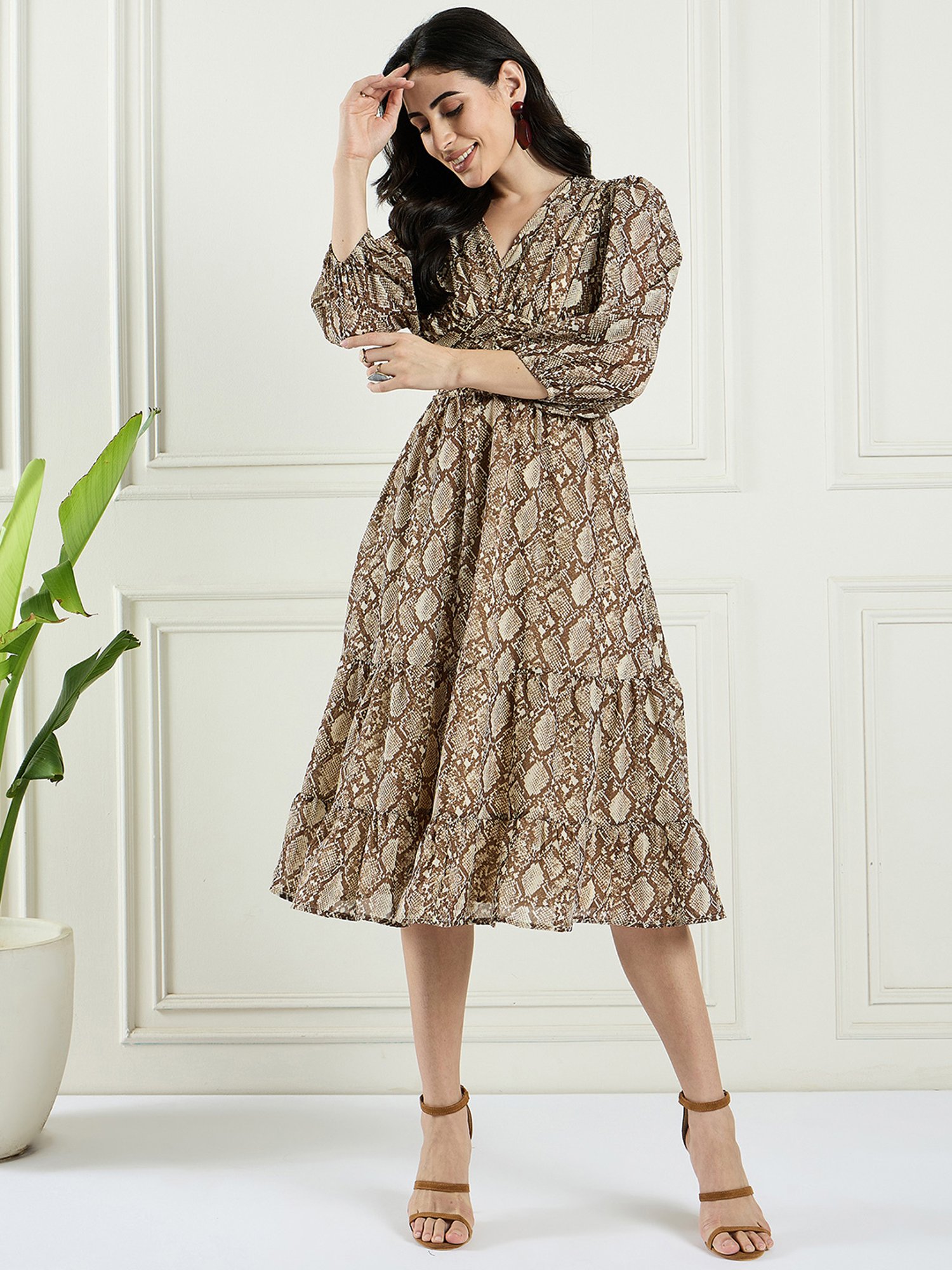 Magre Brown Printed Fit & Flare Dress