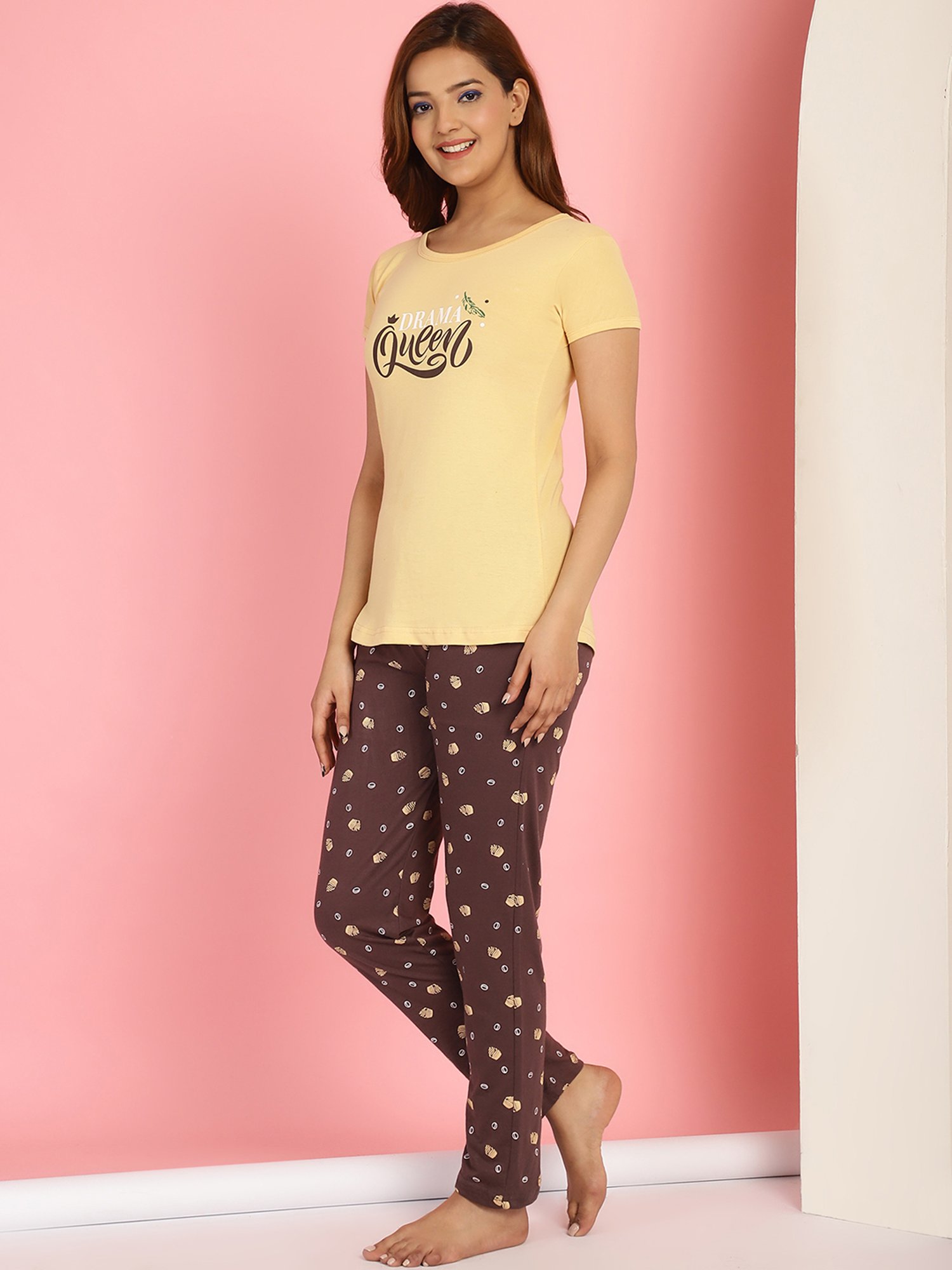 Gracit Yellow & Brown Cotton Printed Top With Pyjamas