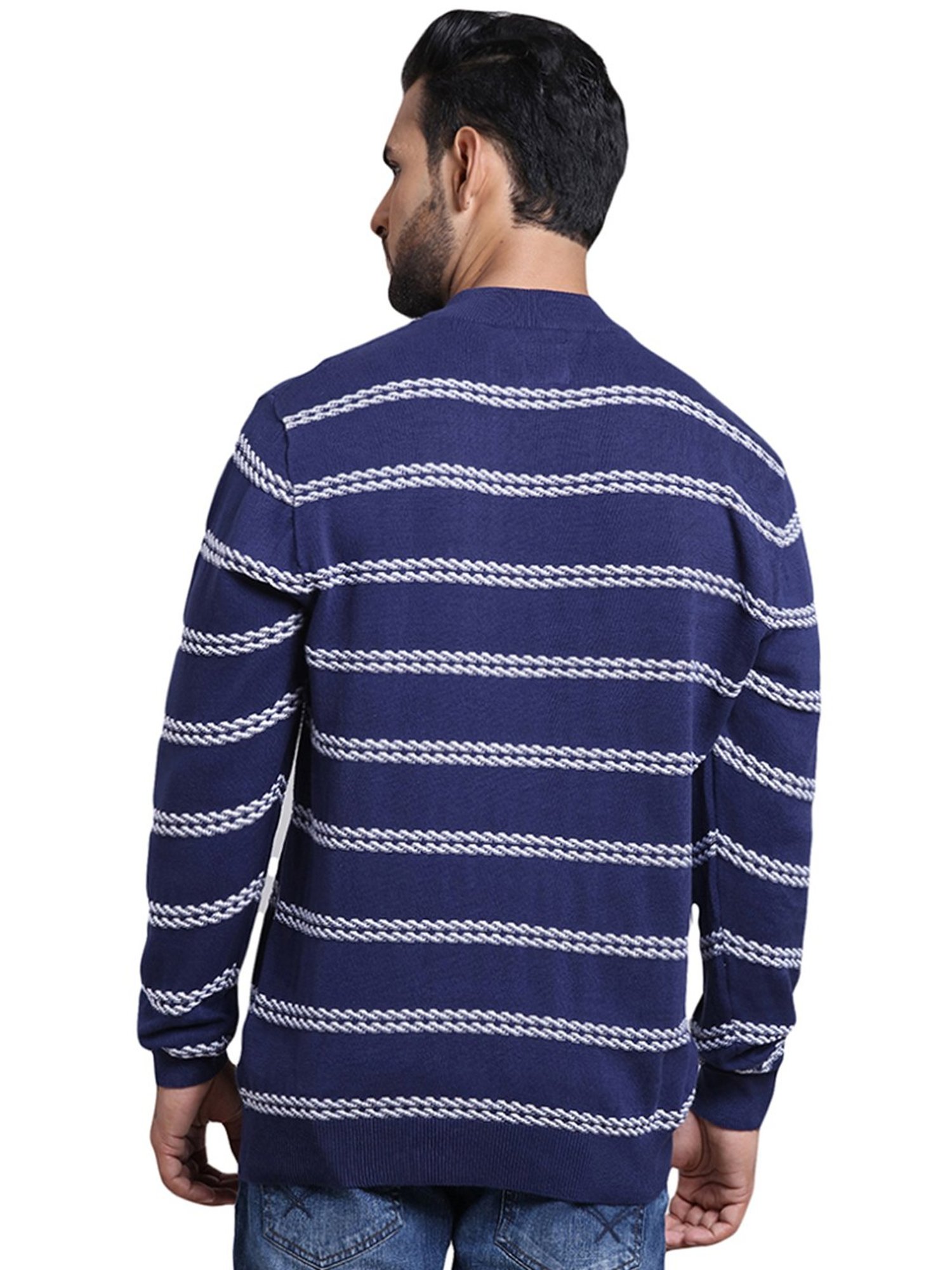 ColorPlus Blue Cotton Tailored Fit Striped Sweater