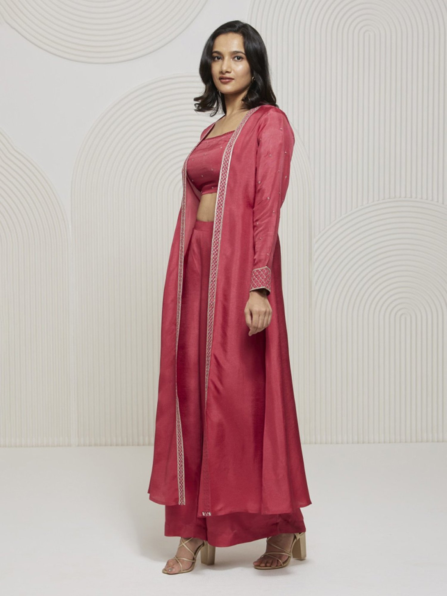Artagai Tea Berry Romancing Aari Crop Top and Wide Leg Trousers with Midi-Jacket