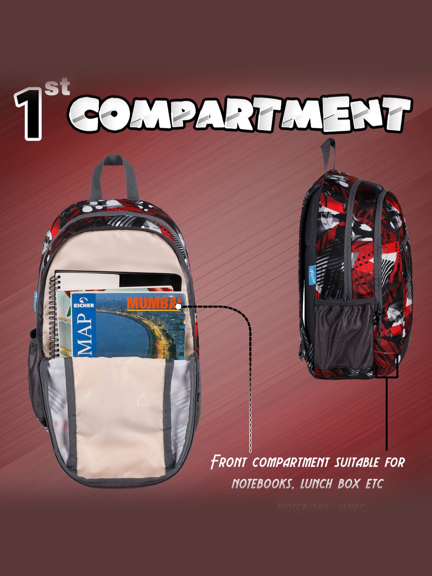 F Gear Ellis Geometric Black Red Printed Small Backpack