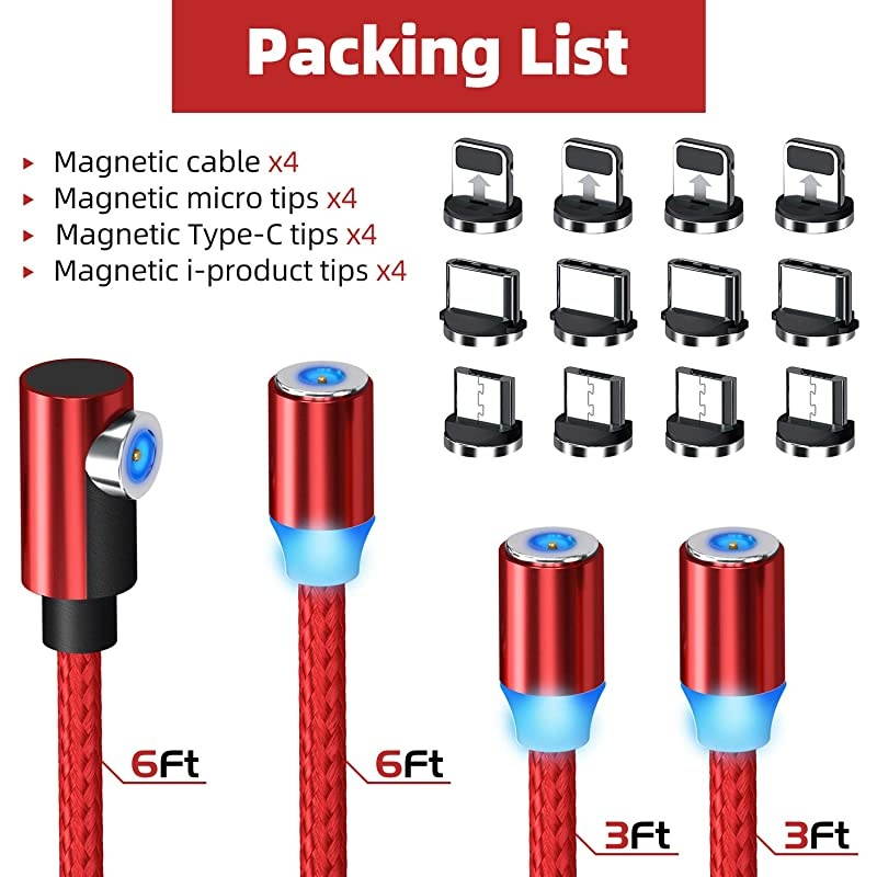 Magnetic Charging Cable  3 in 1 Magnetic Phone Charger Cable 4Pack 3ft3ft6ft6ft Nylon Braided Magnet Charger Cable Compatible with Micro USB Type C Smartphone and iProduct Device Red