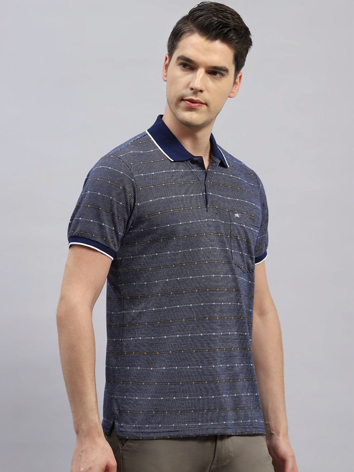 Monte Carlo Navy Blue Regular Fit Striped Polo T-Shirt