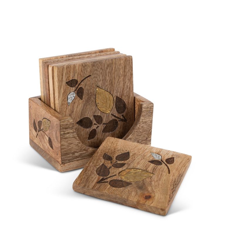 GG Collection Mango Wood with Laser and Metal Inlay Leaf Design 6-Pc Coaster Set in Wood Base.