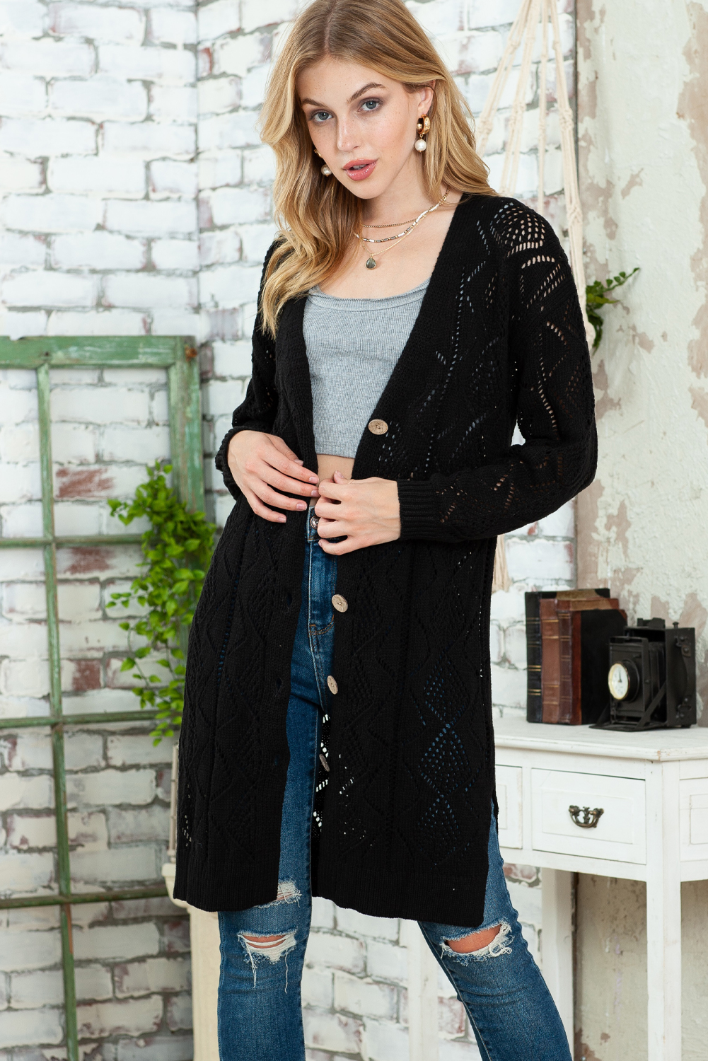 Black Button Up Hollow Out Loose Long Cardigan