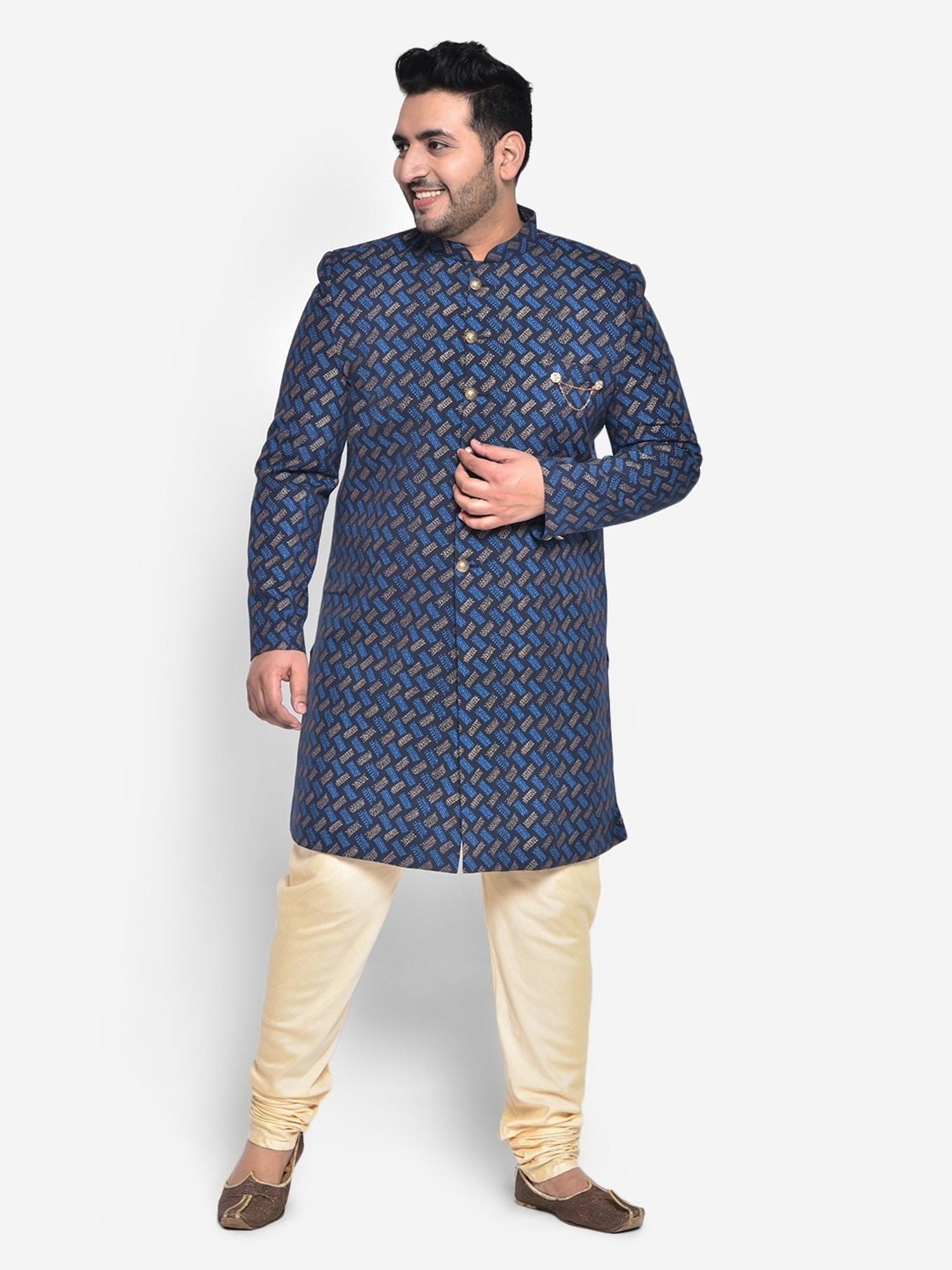 KISAH PLUS Navy Regular Fit Printed Sherwani Set