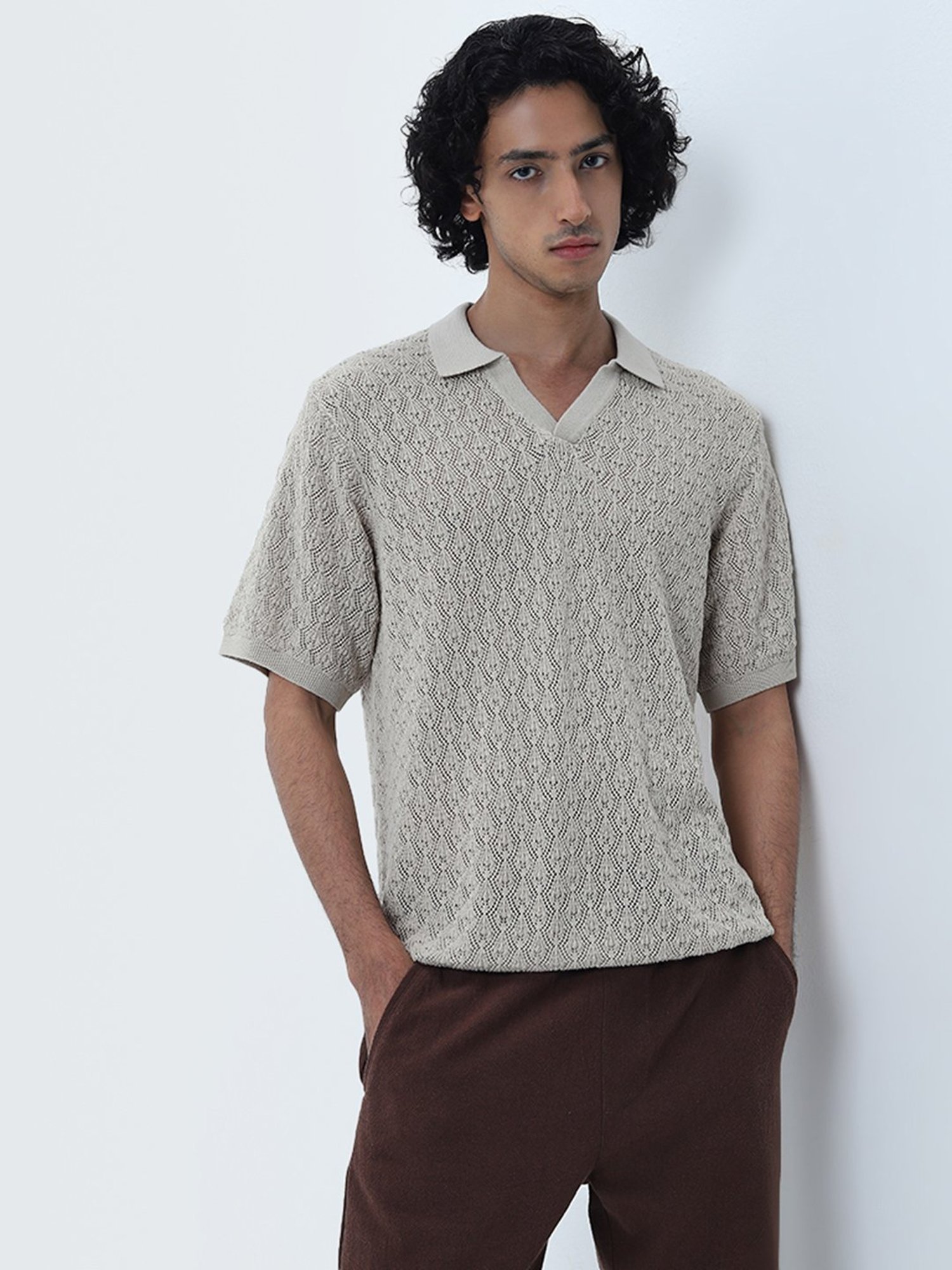 ETA by Westside Taupe Knitted Slim-Fit Cotton T-Shirt