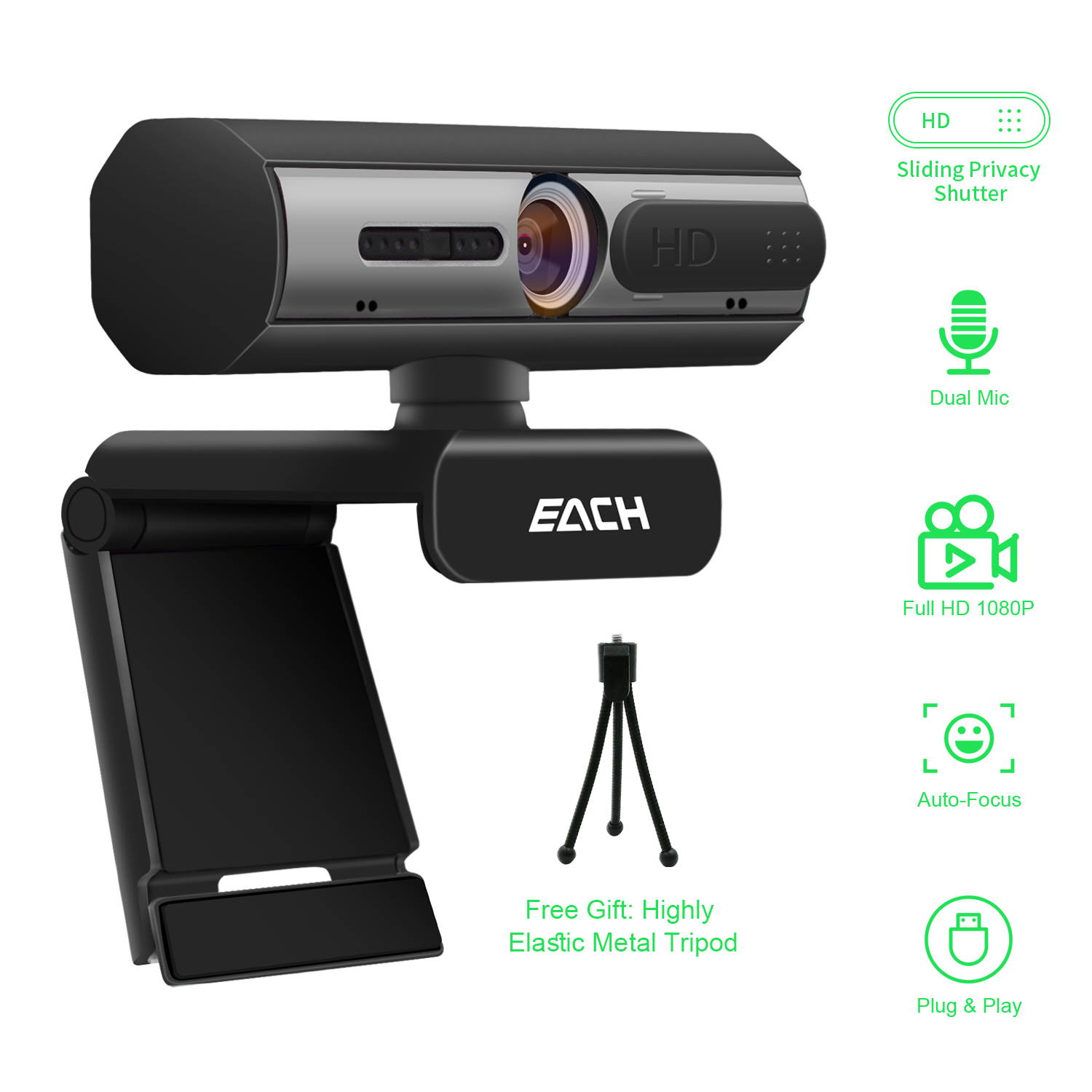 AutoFocus Full HD Webcam 1080P with Dual Noise-cancelling Microphones and with Privacy Shutter-USB Computer Camera for PC Laptop Desktop Mac Video Calls, Conference Skype (tripod not included)