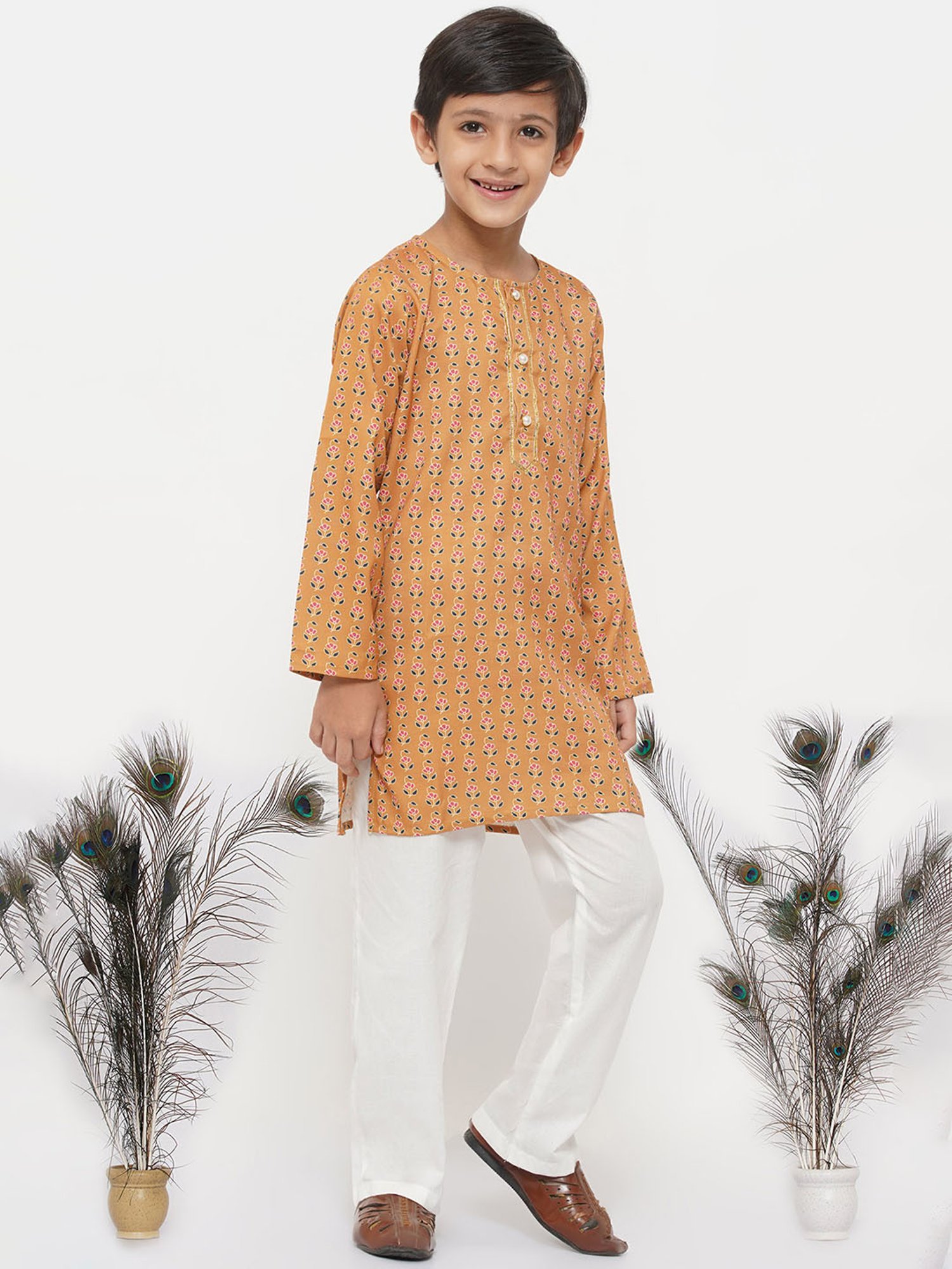 Little Bansi Orange & White Floral 1 Kurta + 1 Pyjamas