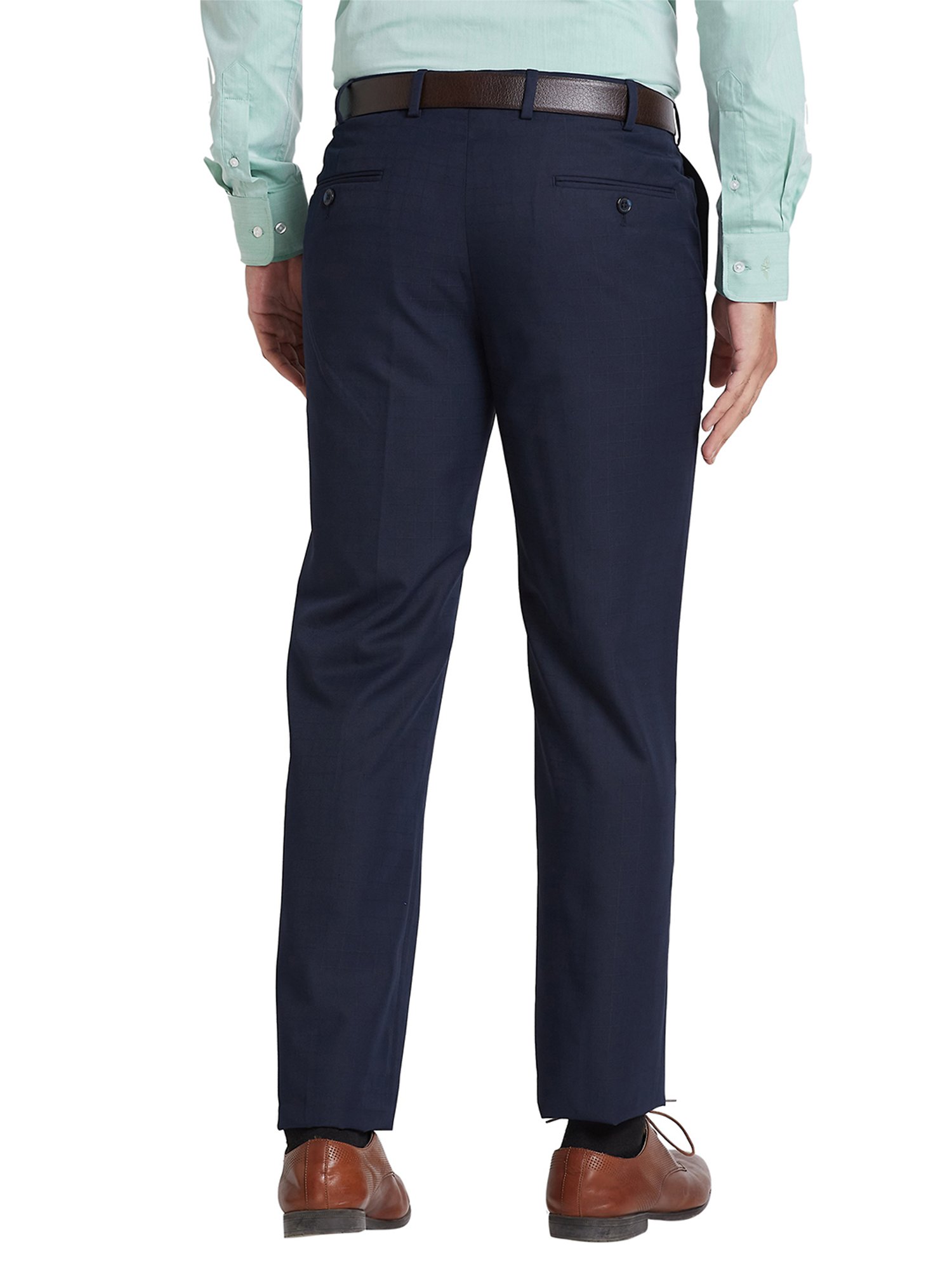 Park Avenue Navy Regular Fit Check Flat Front Trousers