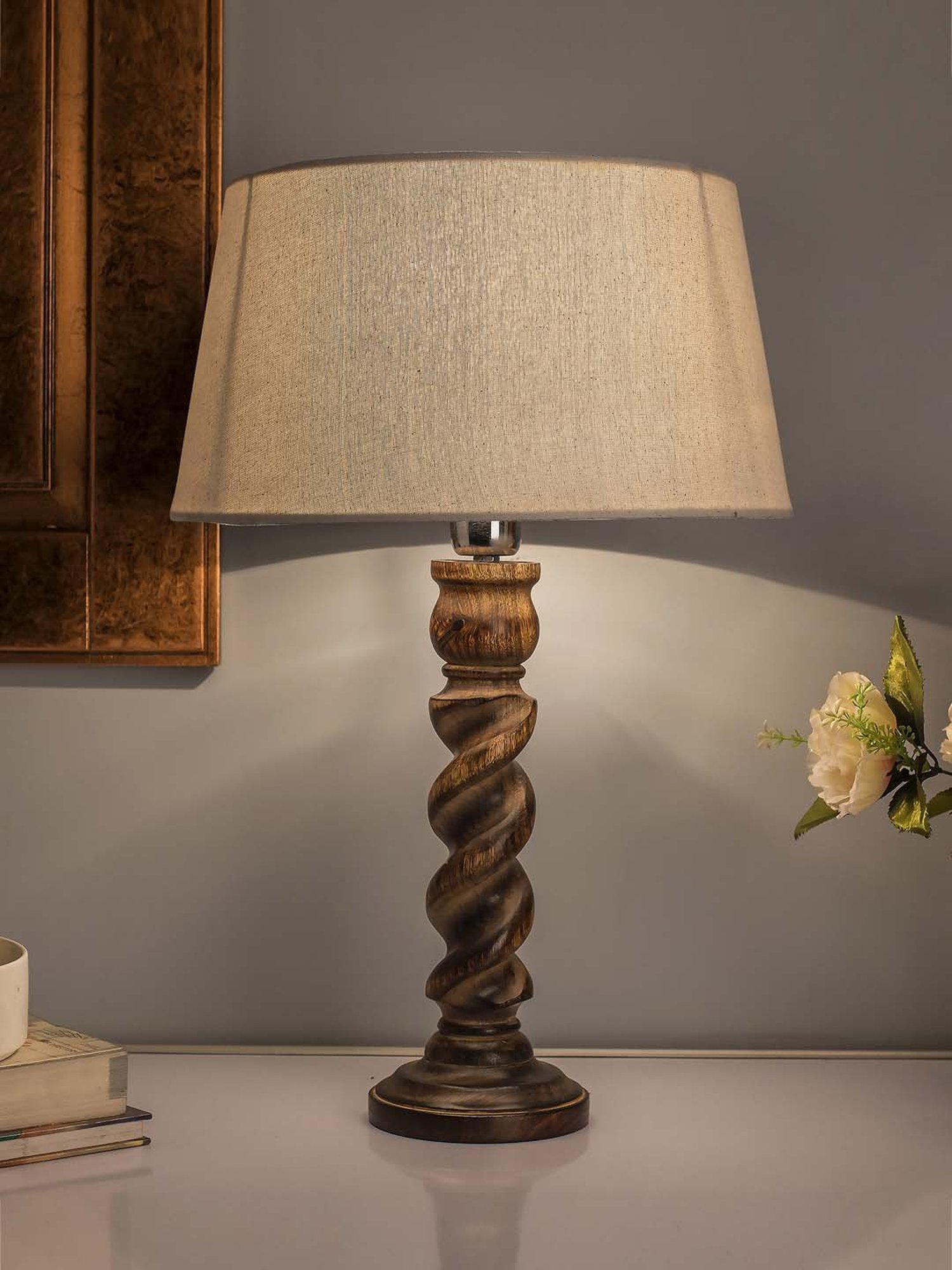 Homesake Brown Classic Twister Table Lamp with Khadi Shade (Bulb Included) - Set of 1