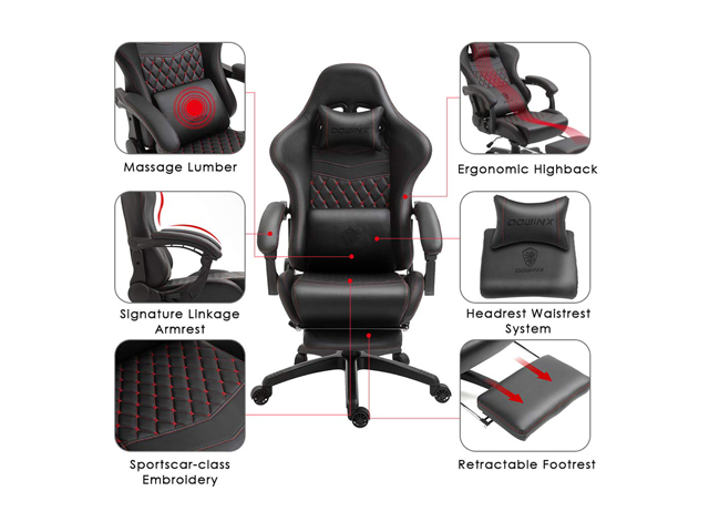 Dowinx Gaming Chair Office Chair PC Chair with Massage Lumbar Support, Racing Style PU Leather High Back Adjustable Swivel Task Chair with Footrest (Black&Red)