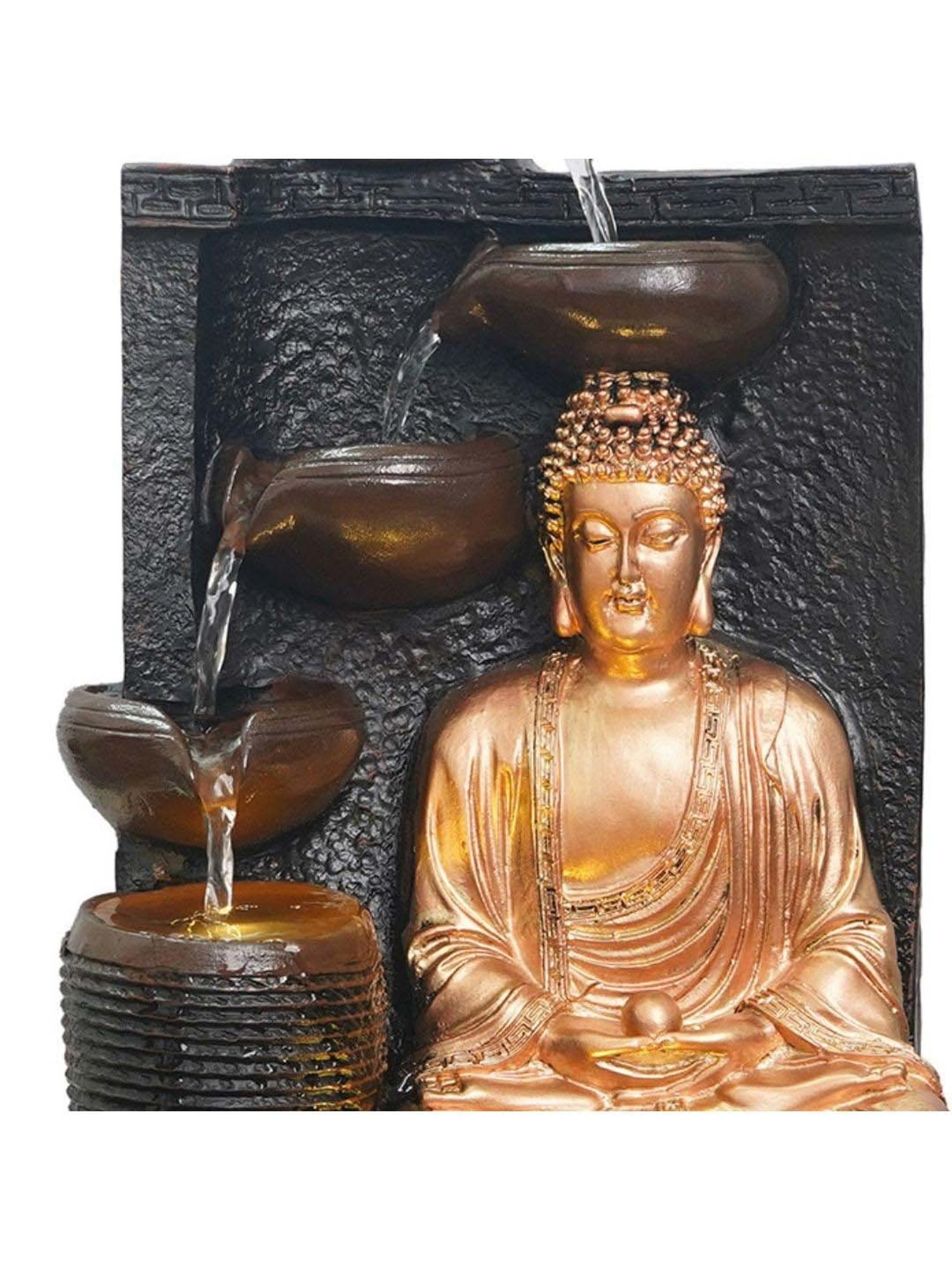 CHRONIKLE Golden Brown Polyresin Meditating Buddha 4 Steps Waterfall Fountain
