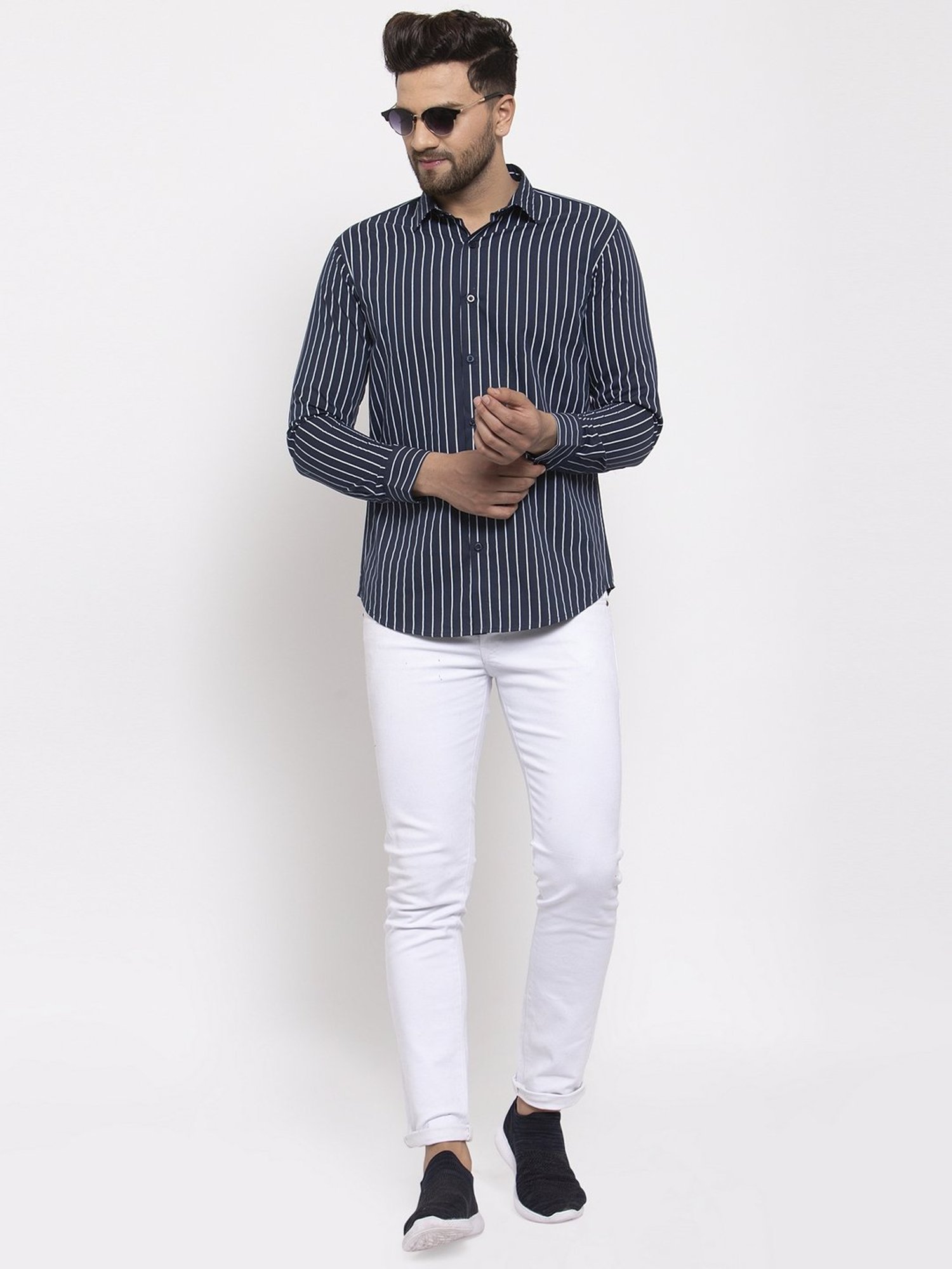 Jainish Navy Regular Fit Striped Shirt