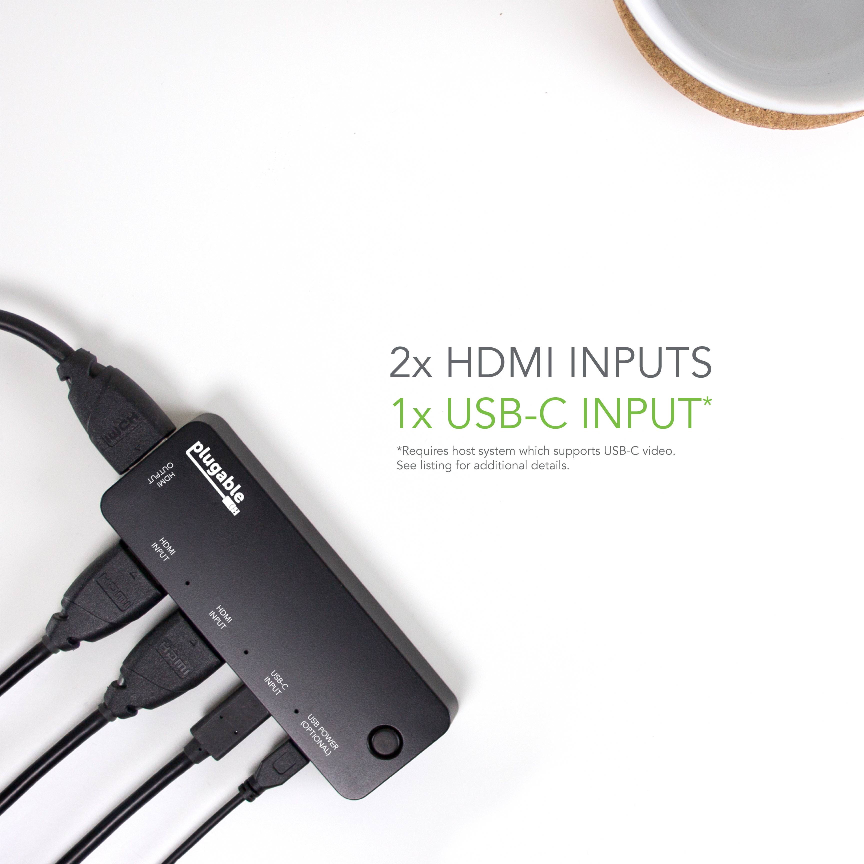Plugable HDMI 2.0 and USB-C 3 Port Switch with 2 HDMI and 1 USB-C Inputs and Single HDMI 2.0 Output (Supports 2x HDMI 2.0 4K@60Hz Sources and 1x USB C or Thunderbolt 3 Source)