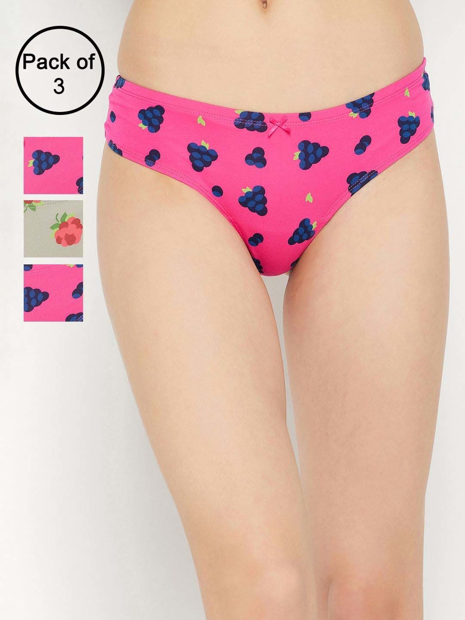 Clovia Grey & Pink Cotton Printed Hipster Panty - Pack Of 3