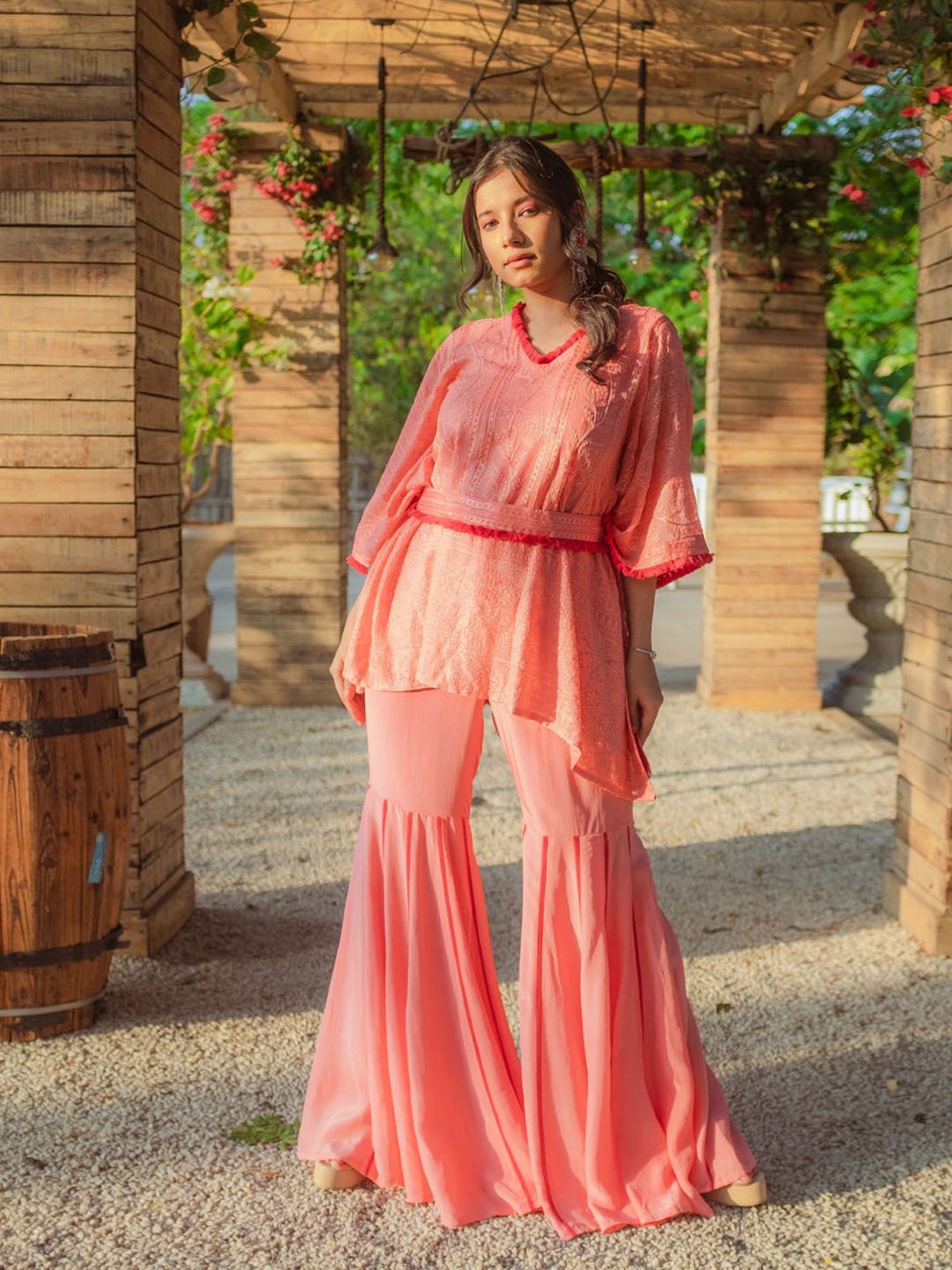 Monk and Mei Suraiya Chikankari Kaftan, Sharara & Belt - Peachy Melon