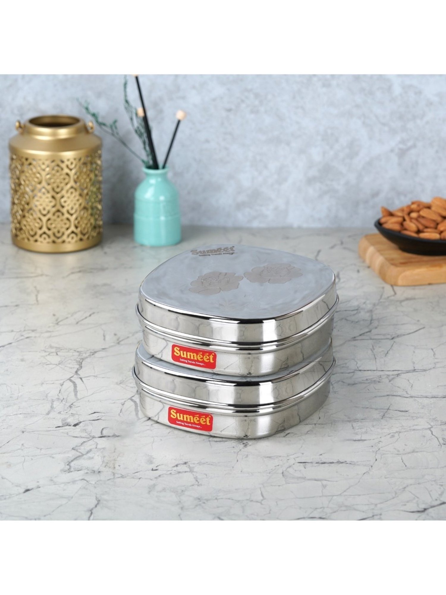 Sumeet S.S. Designer Square Storage containers box/Dabba for Kitchen, Set of 2Pcs, 350ml, 12cm Dia,