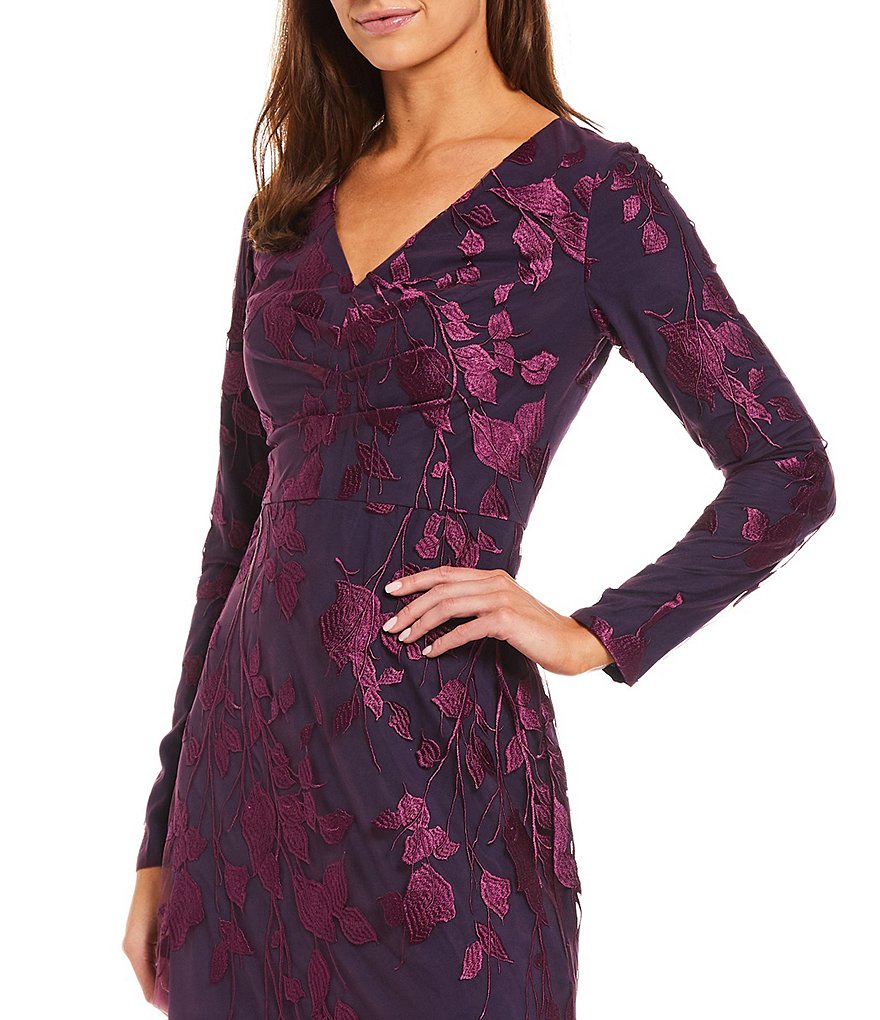 JS Collections Tersea V-Neck Floral Long Sleeve Embroidered A-Line Mesh Gown