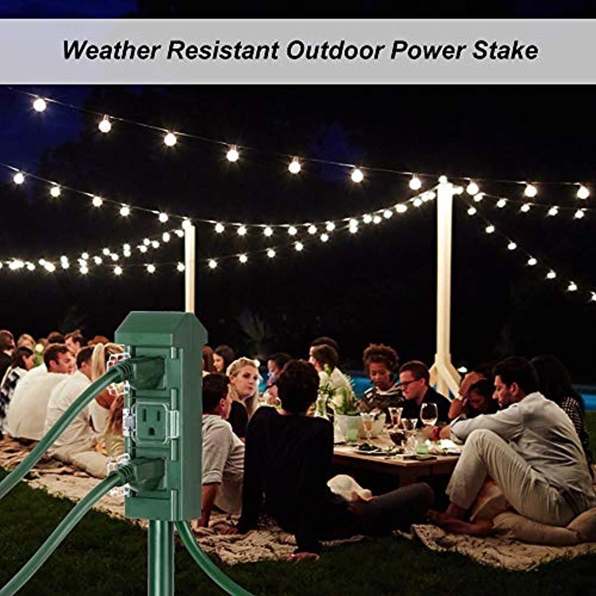 BESTTEN Outdoor Power Strip with 12 Feet Long Extension Cord, 3-Outlet Yard Power Stake with Weatherproof Protective Covers, ETL Certified, Green