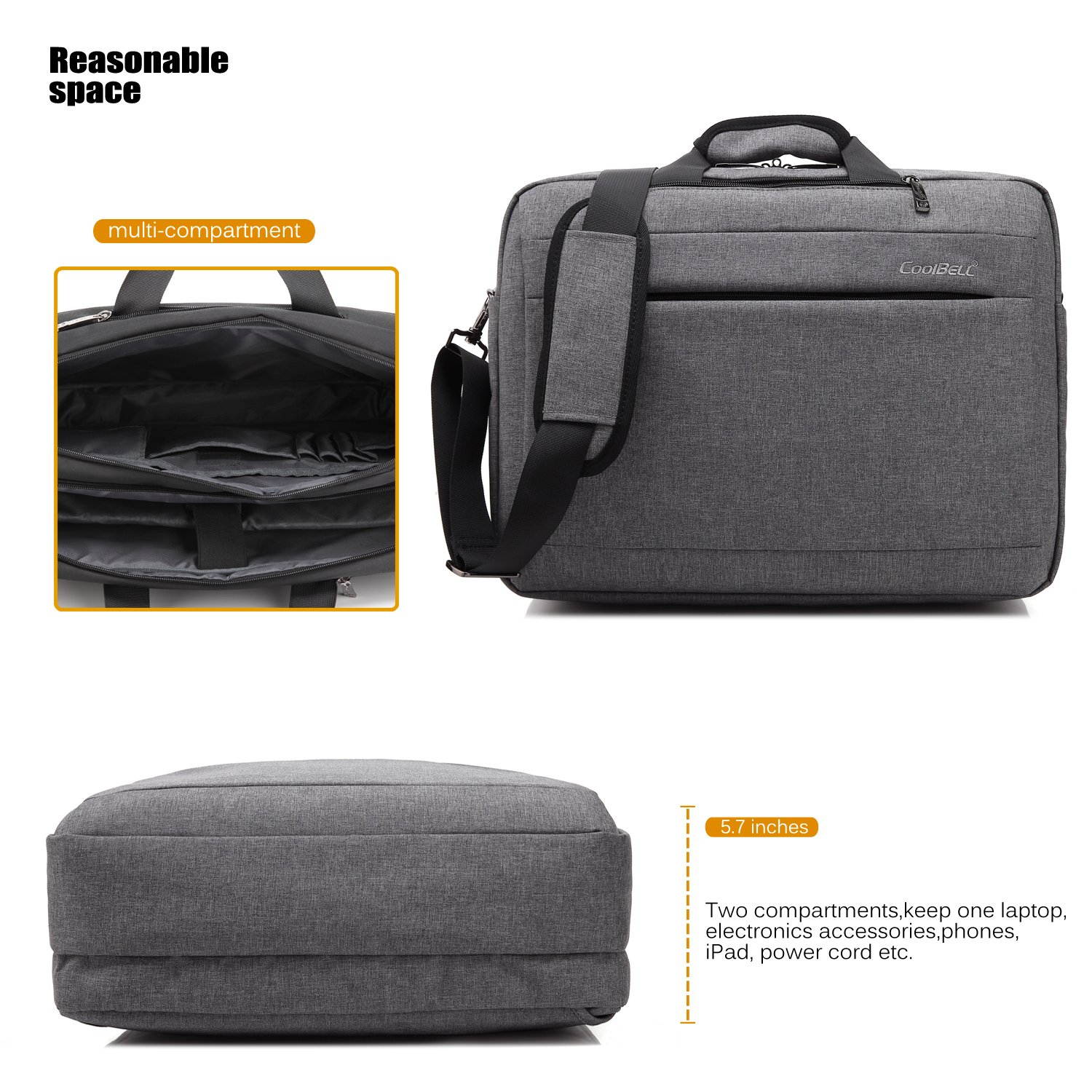 CoolBELL Convertible Backpack Messenger Bag 17.3 Inch Laptop Shoulder Bag Expendable Business Briefcase Extra Large Multi-Functional Travel Computer Bag for Men,Black