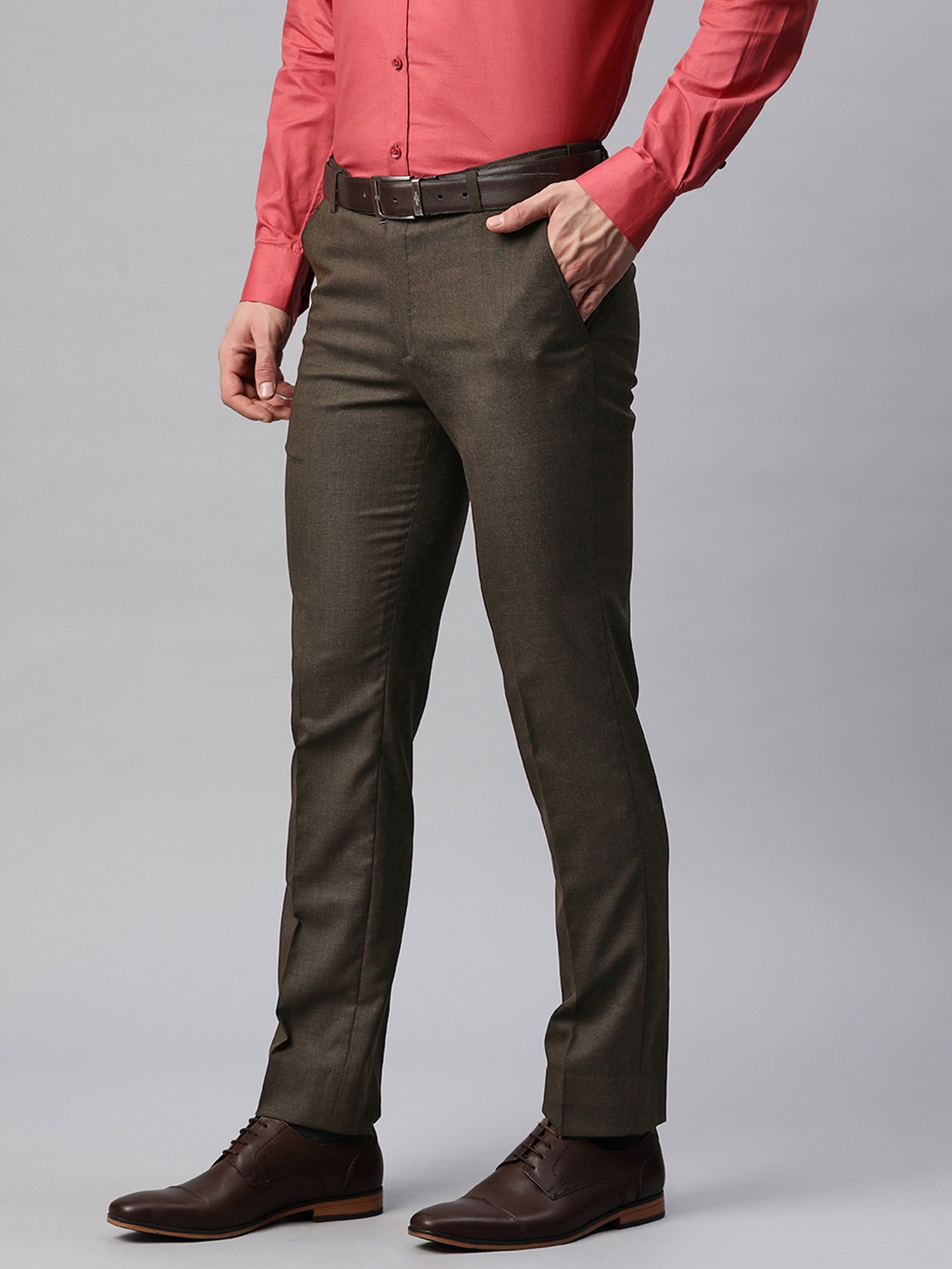 ManQ Dark Brown Slim Fit Flat Front Trousers