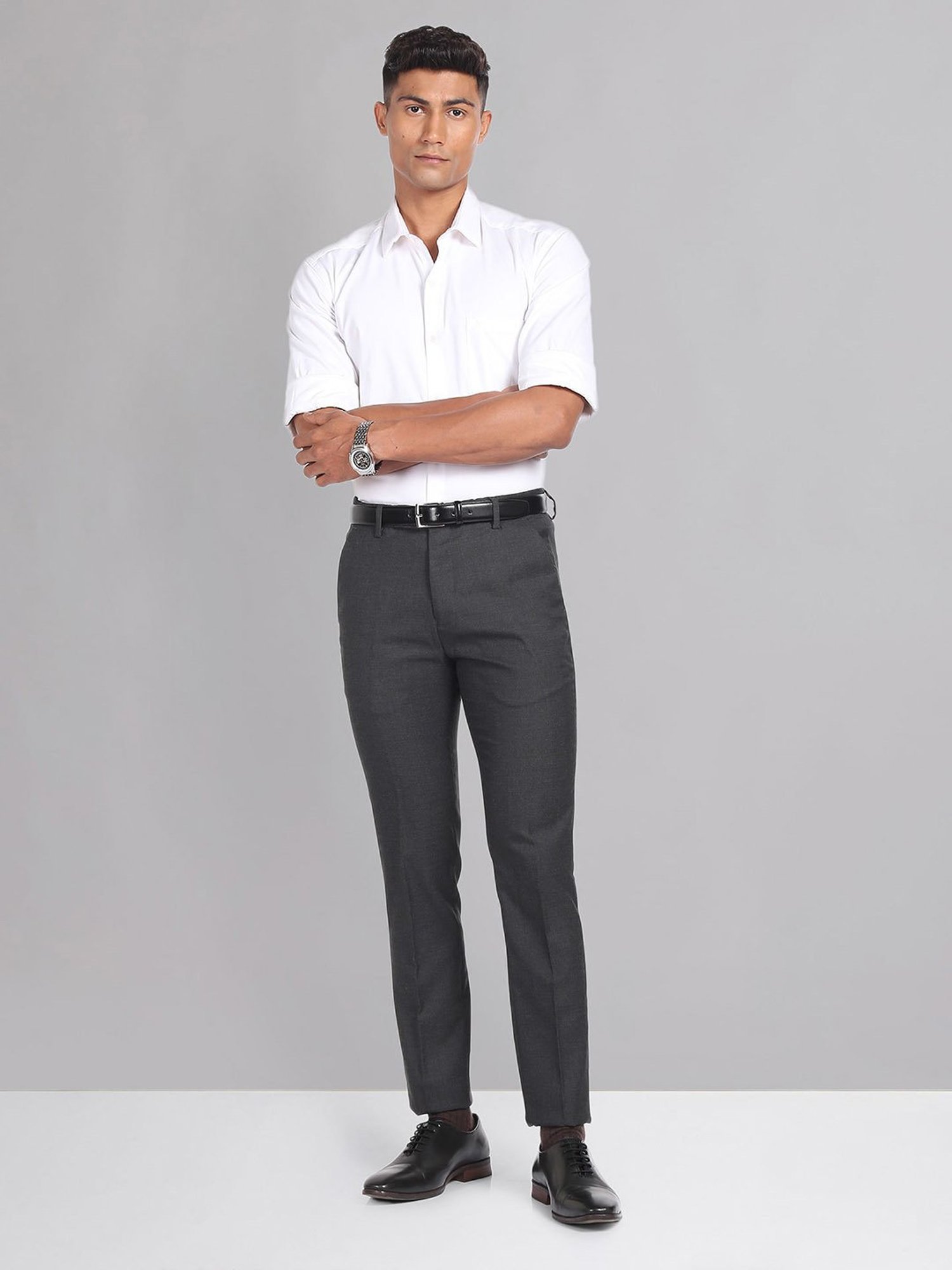 AD by Arvind Dark Grey Slim Fit Check Flat Front Trousers