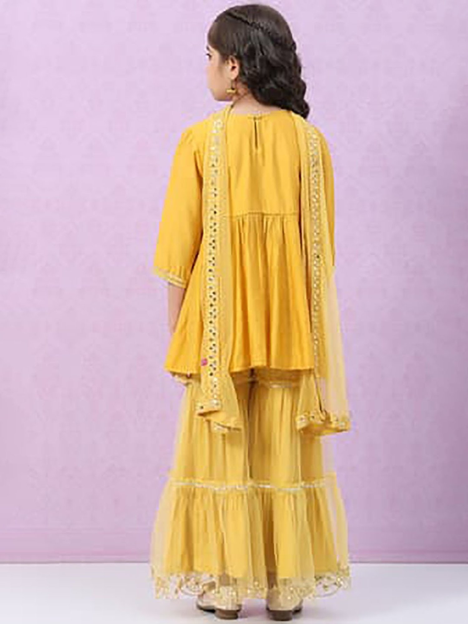 BIBA Girls Mustard Embroidered Kurta, Sharara with Dupatta