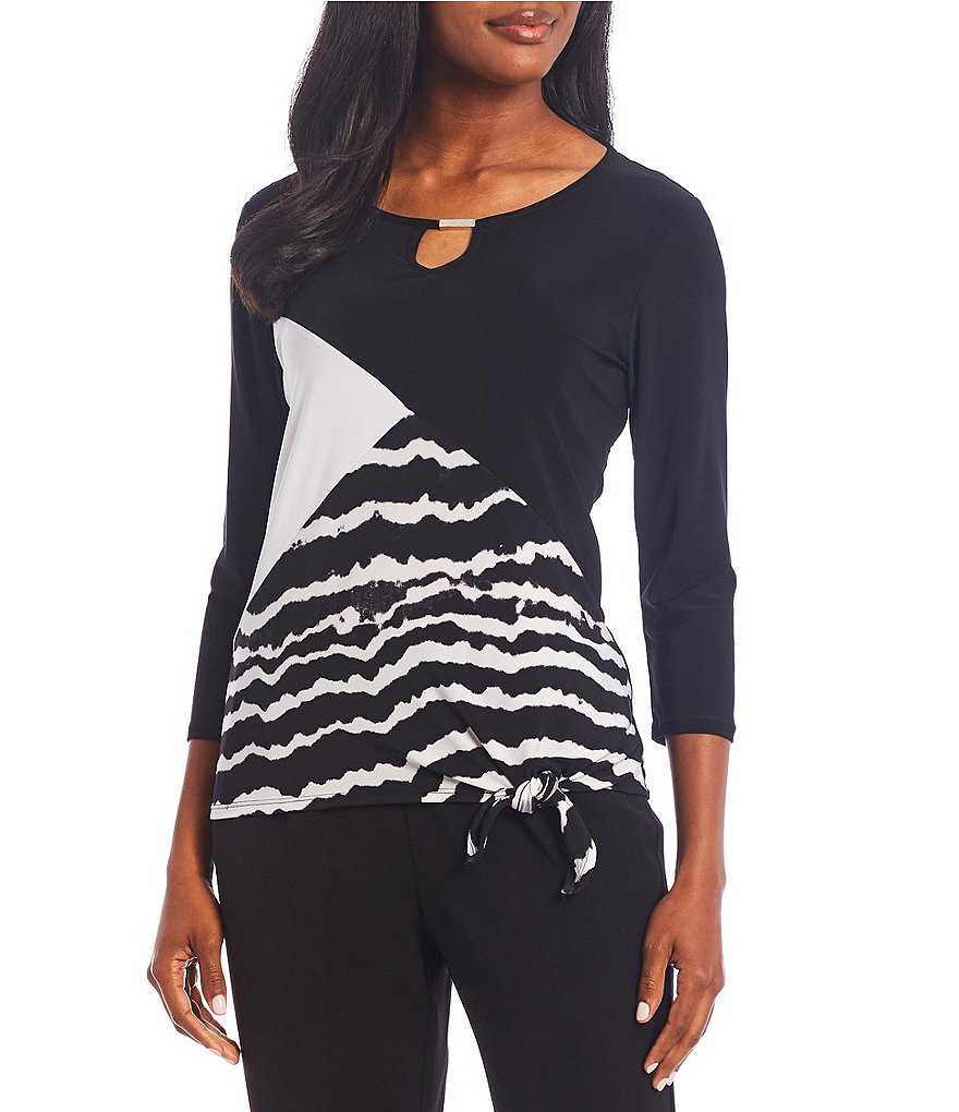 Calessa Petite Size Matte Jersey Knit Button Front Roll Tab Blouse