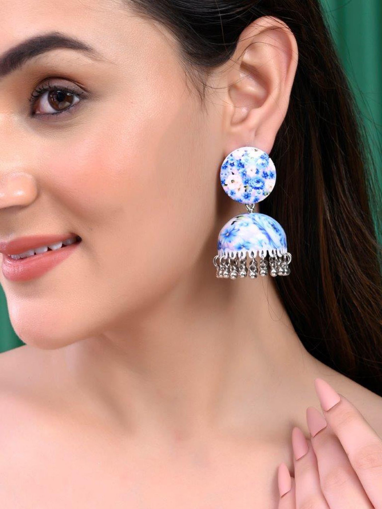 VOJ Set of 2 Earrings- Blue Printed Jhumka with Black AD Studded Drop Earrings for Women
