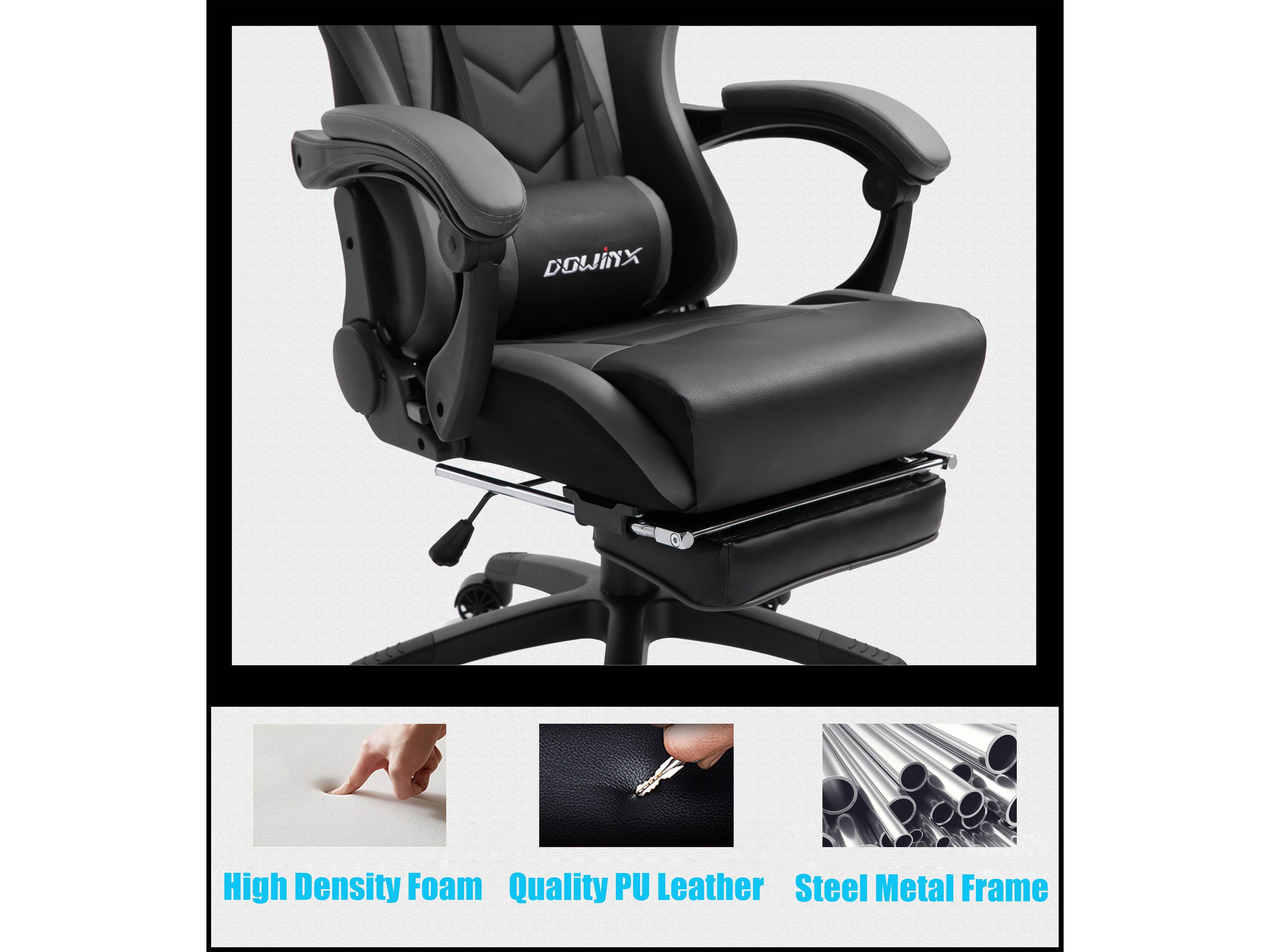 Dowinx Gaming Chair Ergonomic Office Recliner for Computer with Massage Lumbar Support, Racing Style Armchair PU Leather E-Sports Gamer Chairs with Retractable Footrest (Black&Gray)