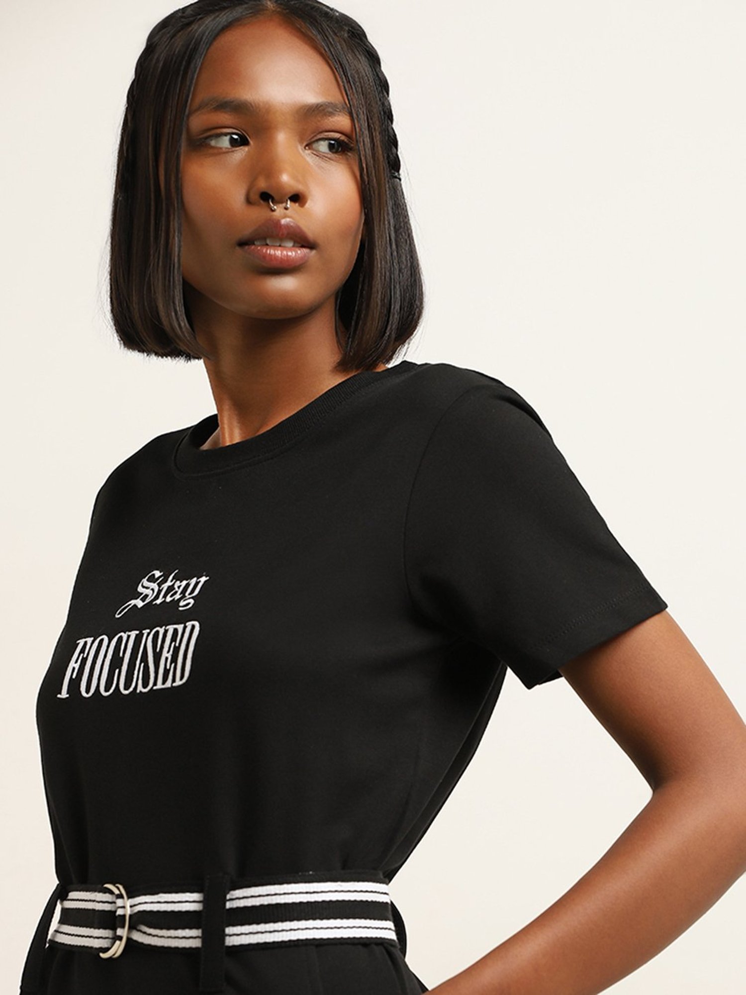 Studiofit by Westside Black Text Design Straight Cotton Dress with Belt