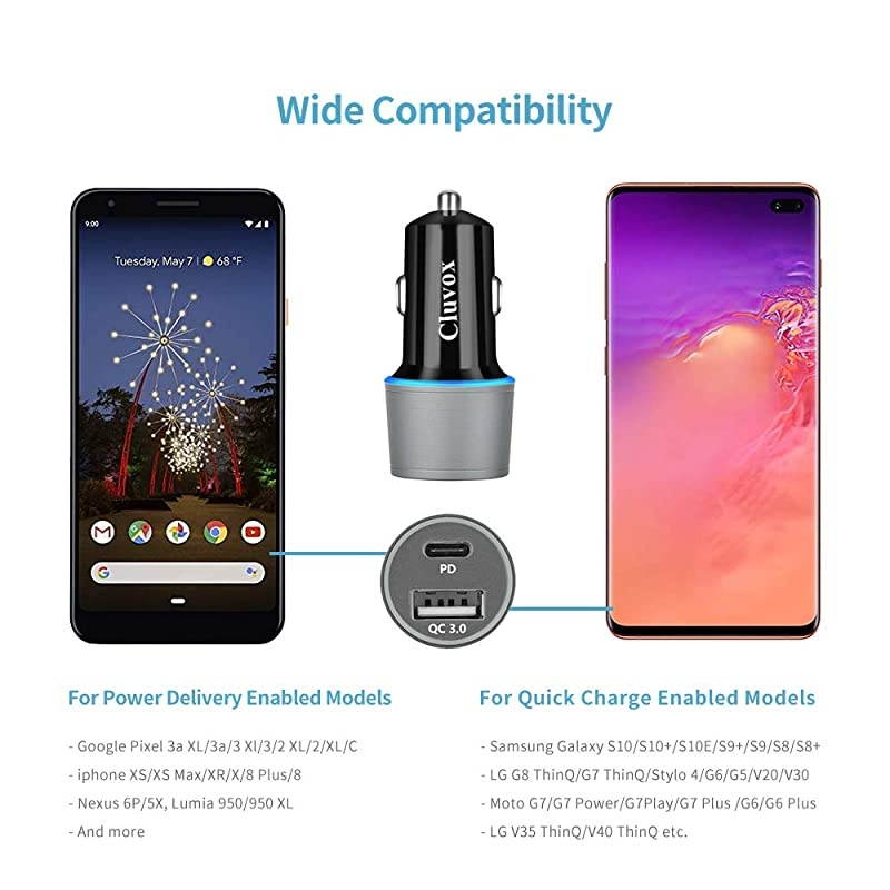 Type C Car Charger, Compatible for Google Pixel 5/4a/4/3a/3/2/XL, Samsung Note 20/S20/S10 USB C PD Car Charger with 3ft Cable, 18W Power Delivery& Quick Charge 3.0 Fast Charging Car Adapter-Gray