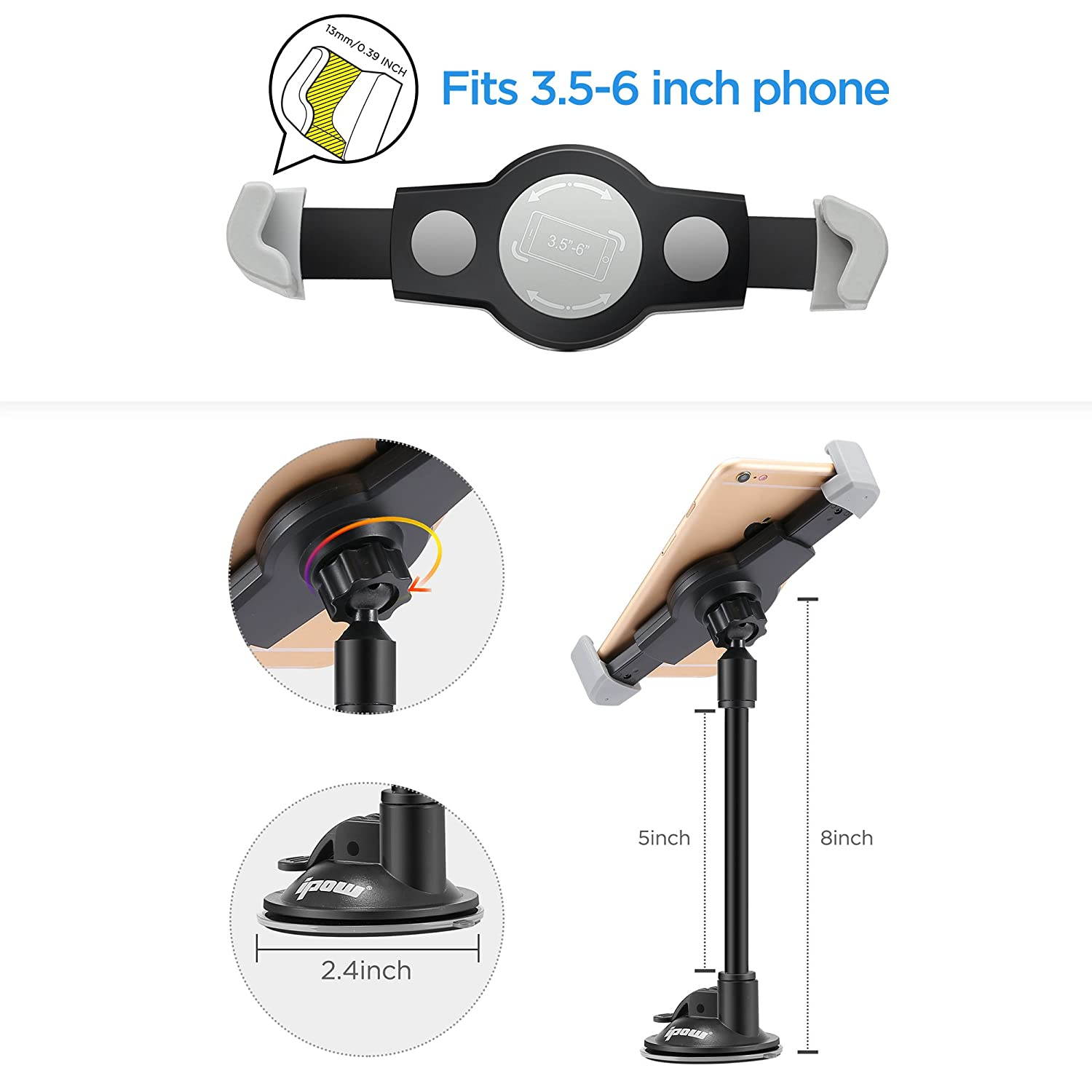 IPOW Car Phone Mount, Diagonal Clamp Full-View Windshield/Dashboard Car Phone Holder with Strong Suction Cup& Bendable Goose Arm Compatible with iPhone X 8Plus 7Plus 6sPlus 6Plus Galaxy S7 S9 J7V