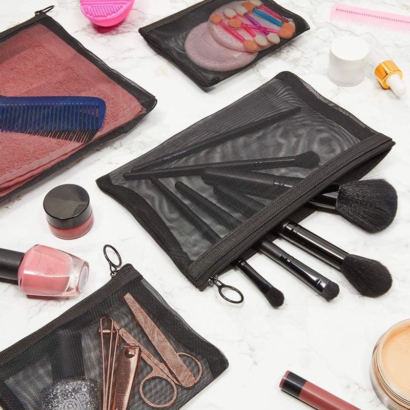 Glamlily 4 Packs Mesh Makeup Bags Set, Zipper Pouches for Cosmetics (Black)