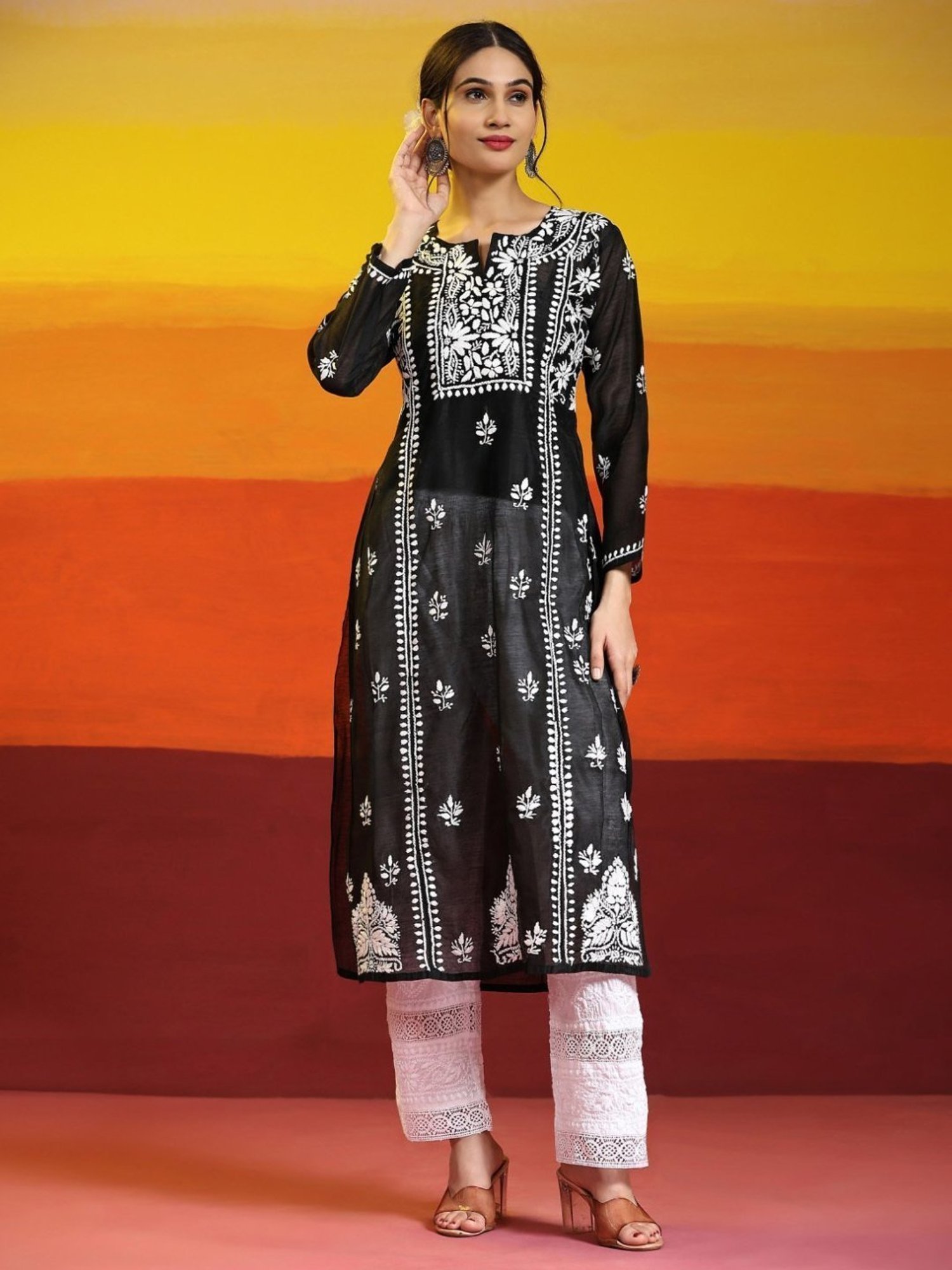 House Of Kari Samma Chikankari Long Kurta in Chanderi Silk for Women- Black