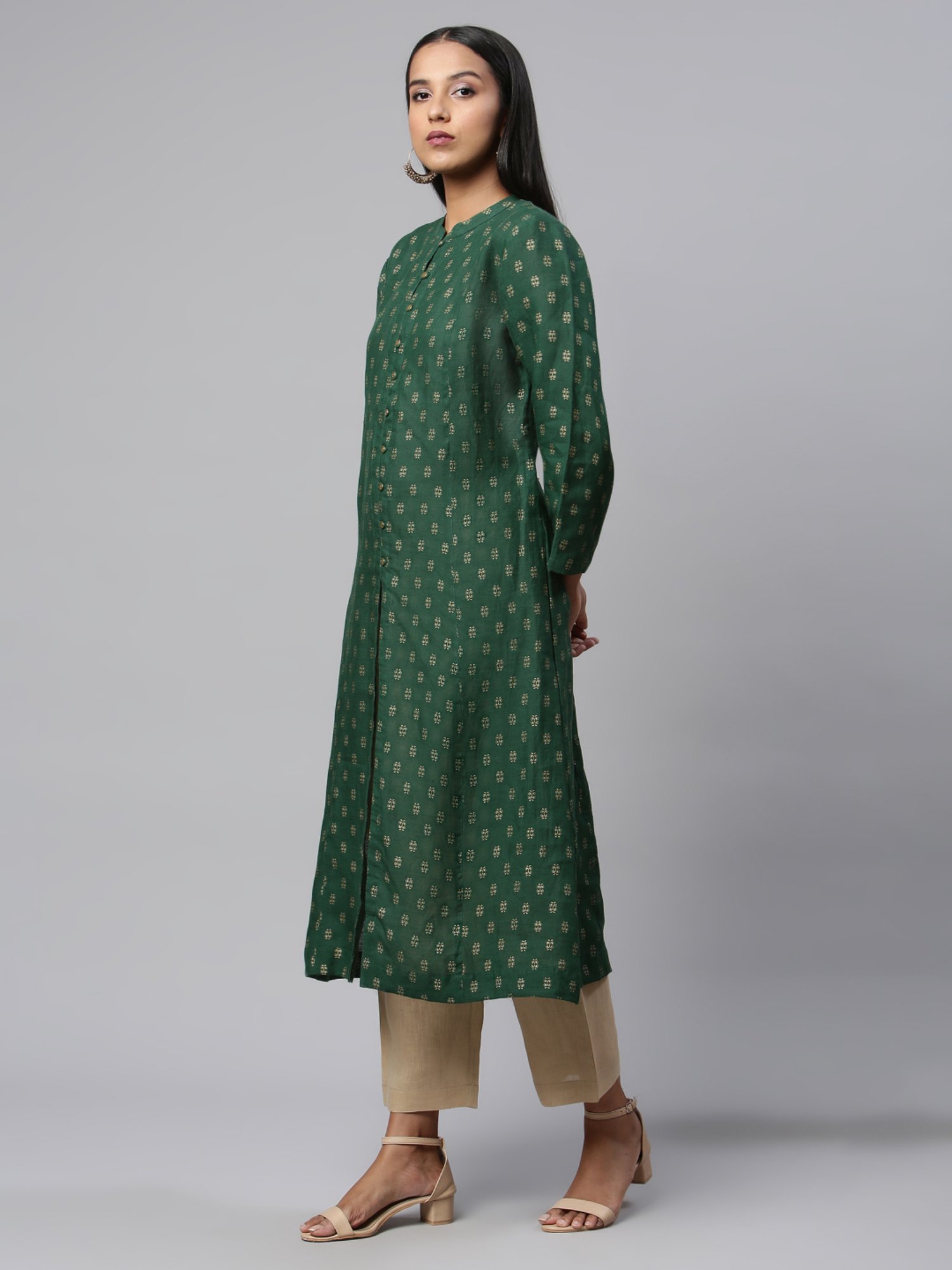 Linen Club Woman Green Linen Printed A Line Kurta