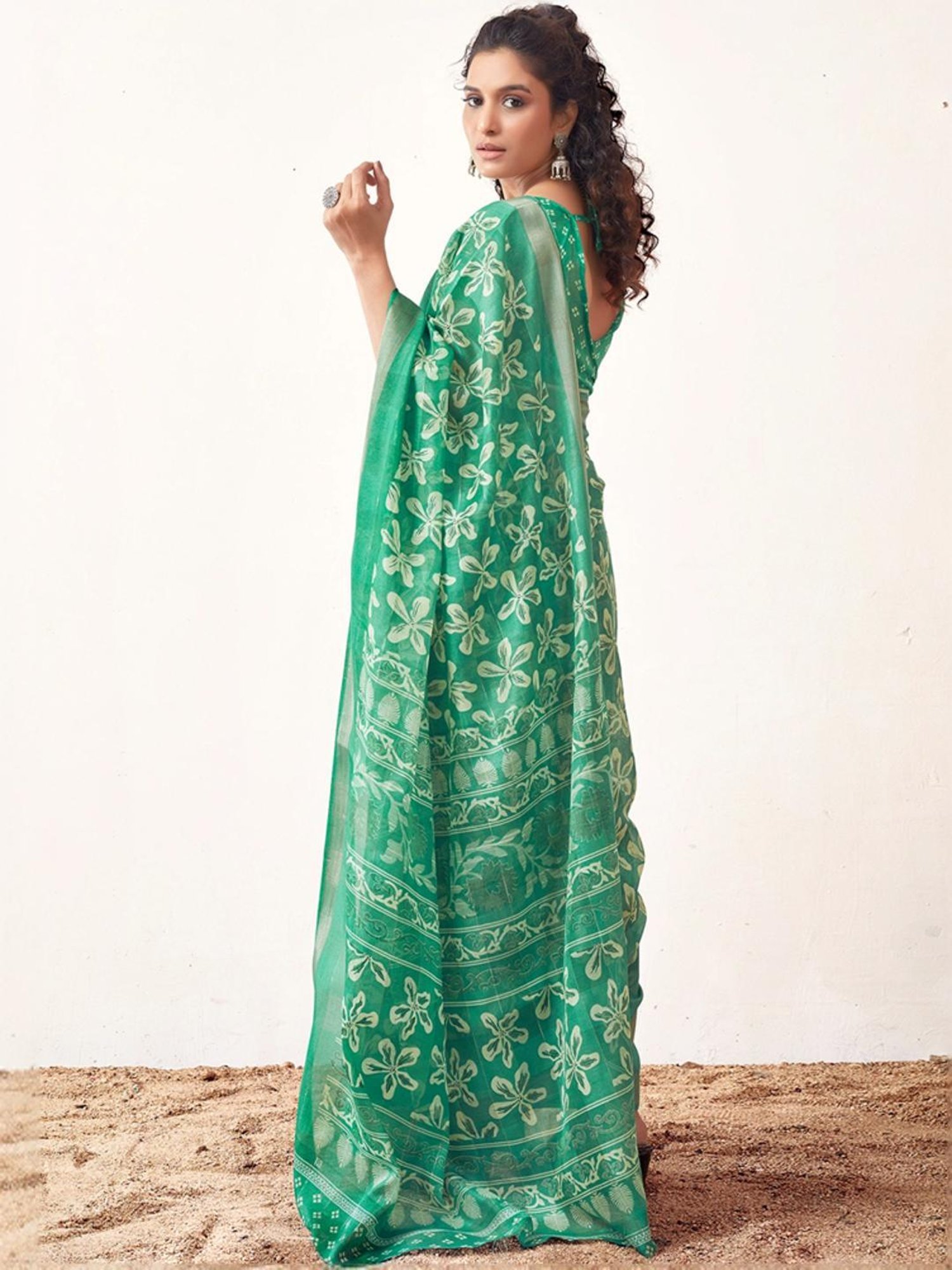 Satrani Green Floral Print Saree With Unstitched Blouse