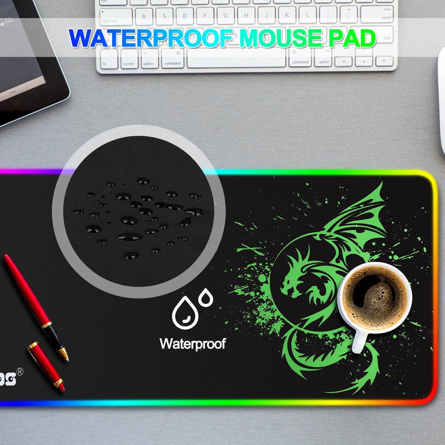 RGB Gaming Mouse Pad, Soft Extra Large LED Mouse Pad with 15 Lighting Modes,Anime Dragon Mouse Pad Mat,Smooth Surface Waterproof Gamer Mouse Pad for Computer 31.5 X 12 Inch (Green)
