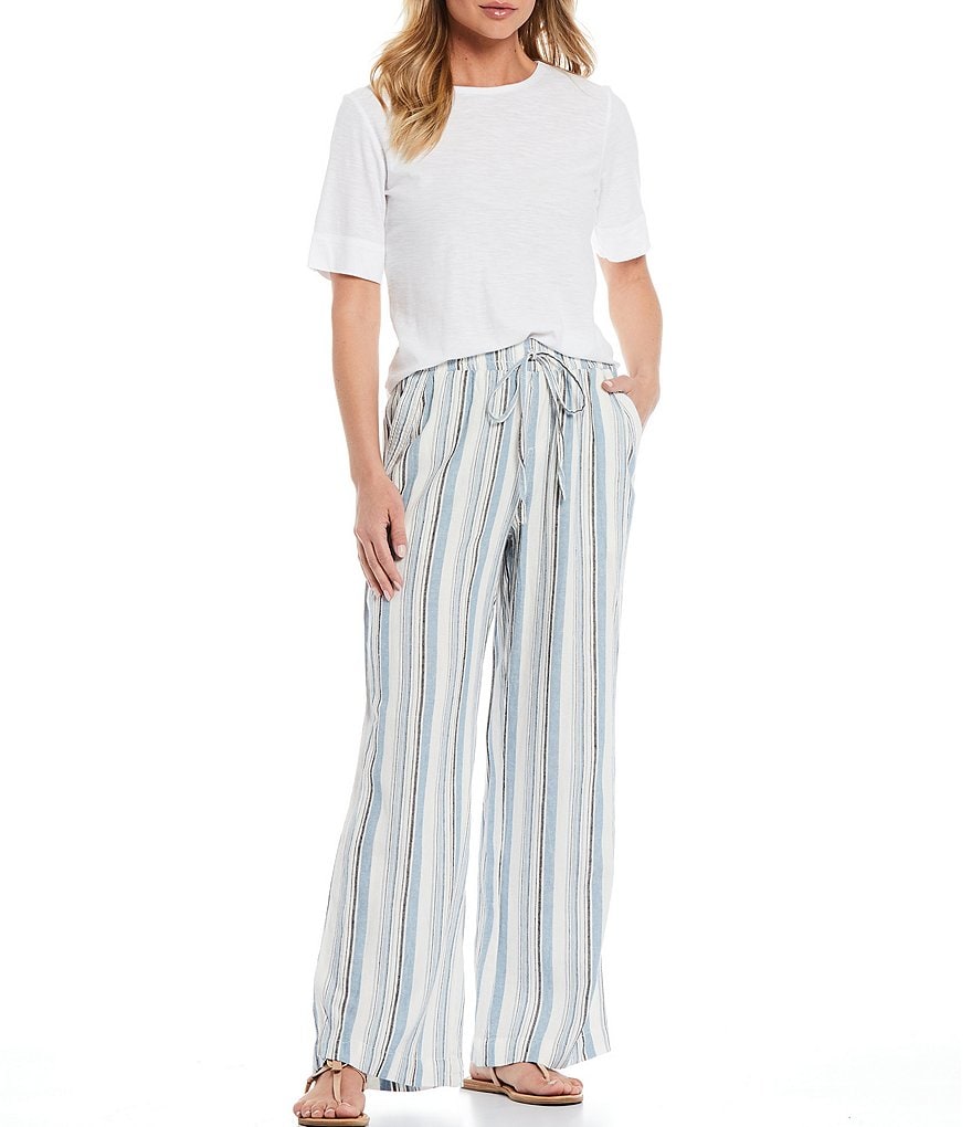 Westbound Mid-Rise Wide Leg Stripe Print Linen Pants