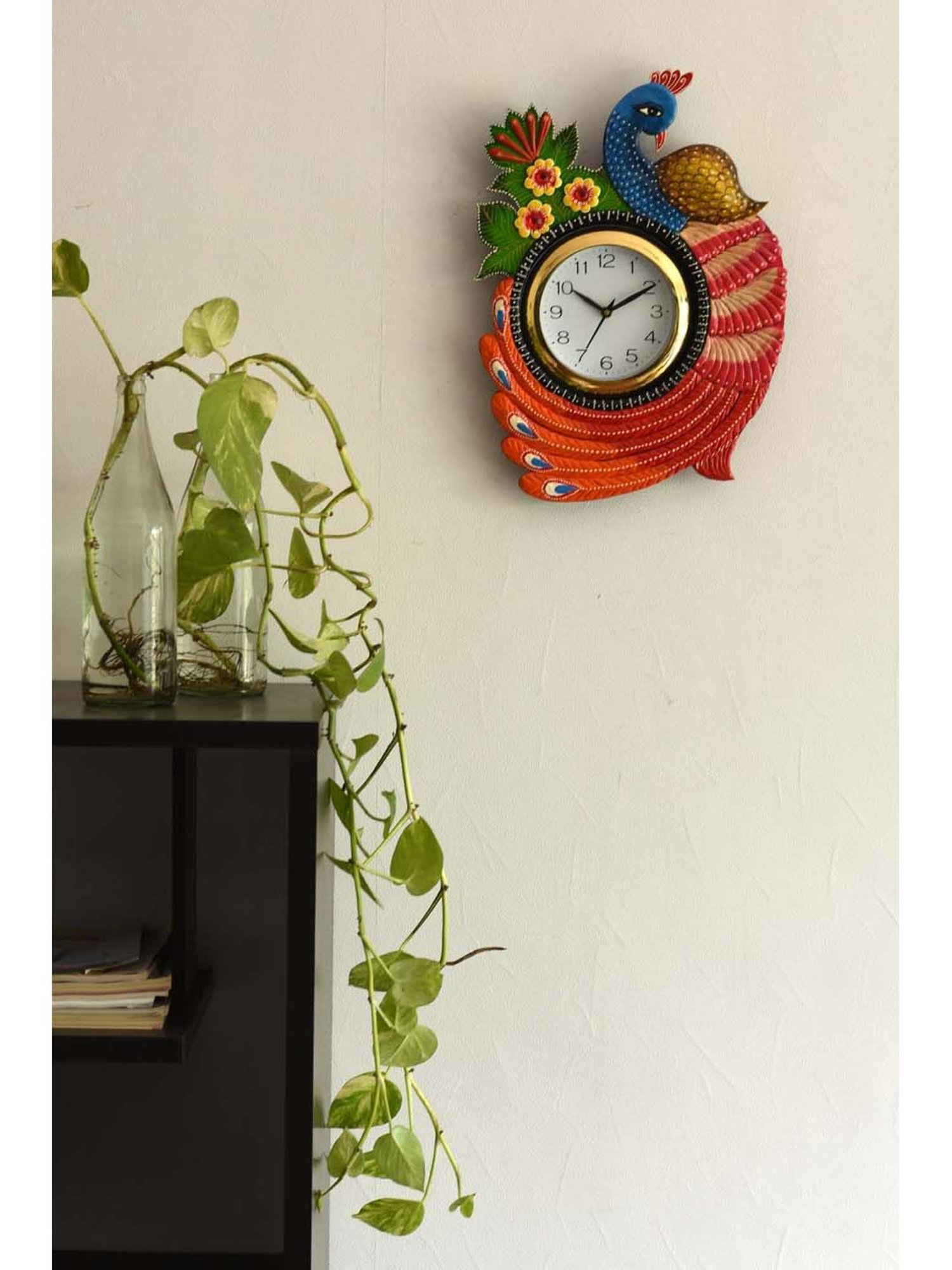 eCraftIndia Exotic and Stylish Colorful Peacock Wooden Handcrafted Wooden Wall Clock