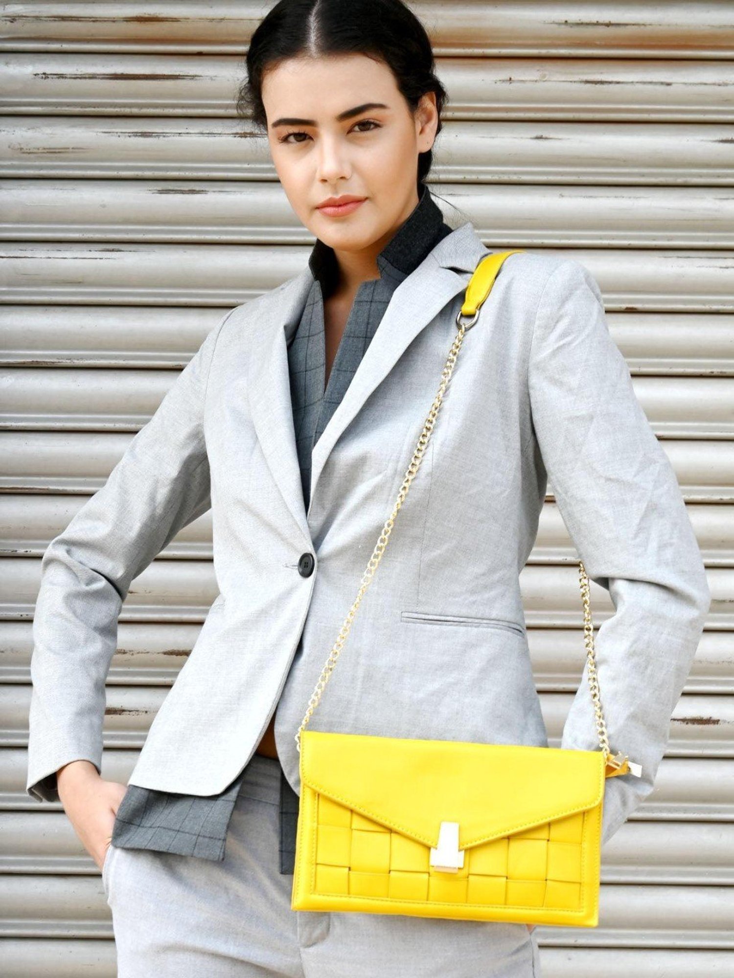 Odette Yellow Textured Sling Handbag