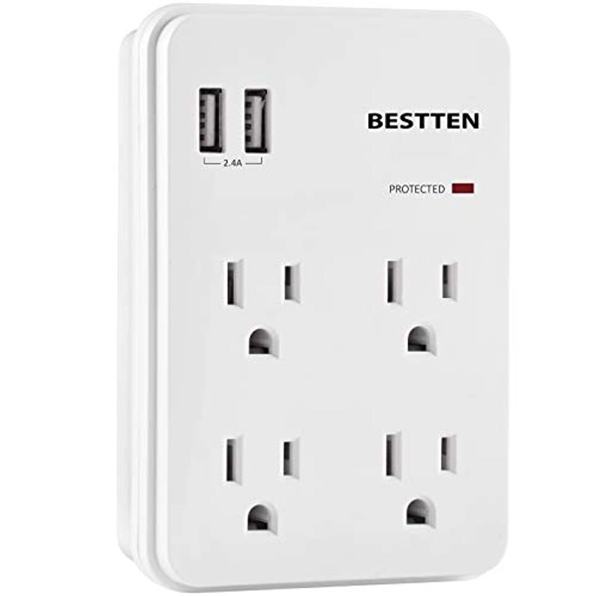 BESTTEN Wall Outlet Surge Protector with 2 USB Charging Ports (5V/2.4A) and 4 AC Outlets, 15A/125V/1875W, ETL Certified, White