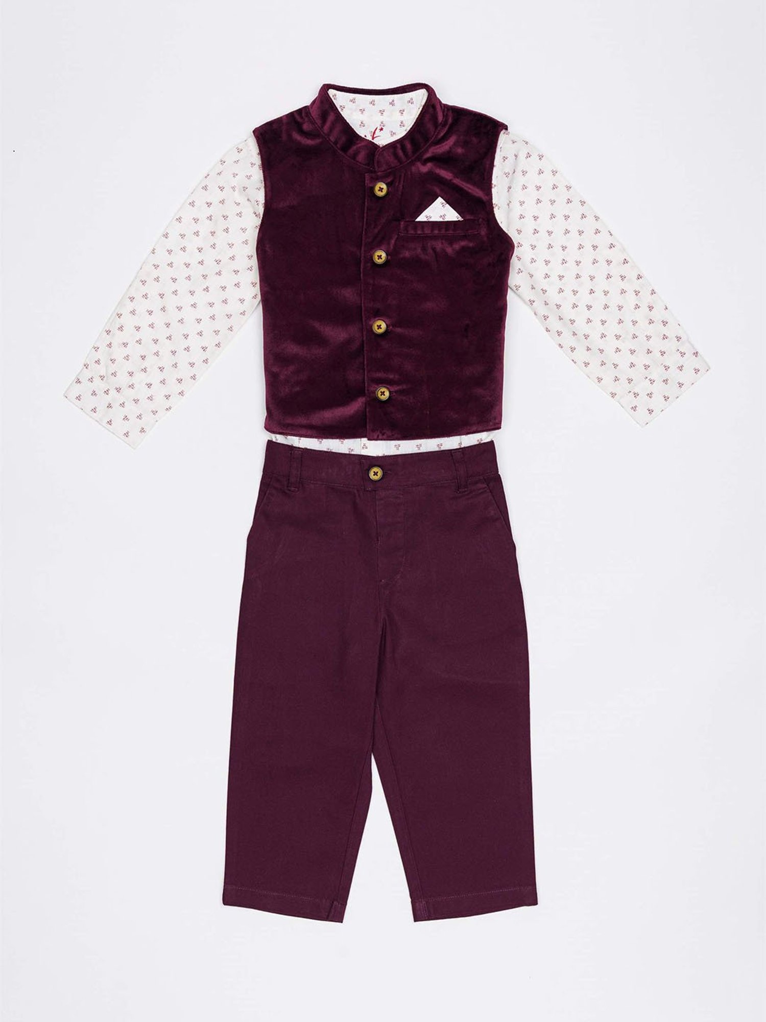H by Hamleys Boys White & Wine Printed Full Sleeves Shirt, Waistcoat With Trousers