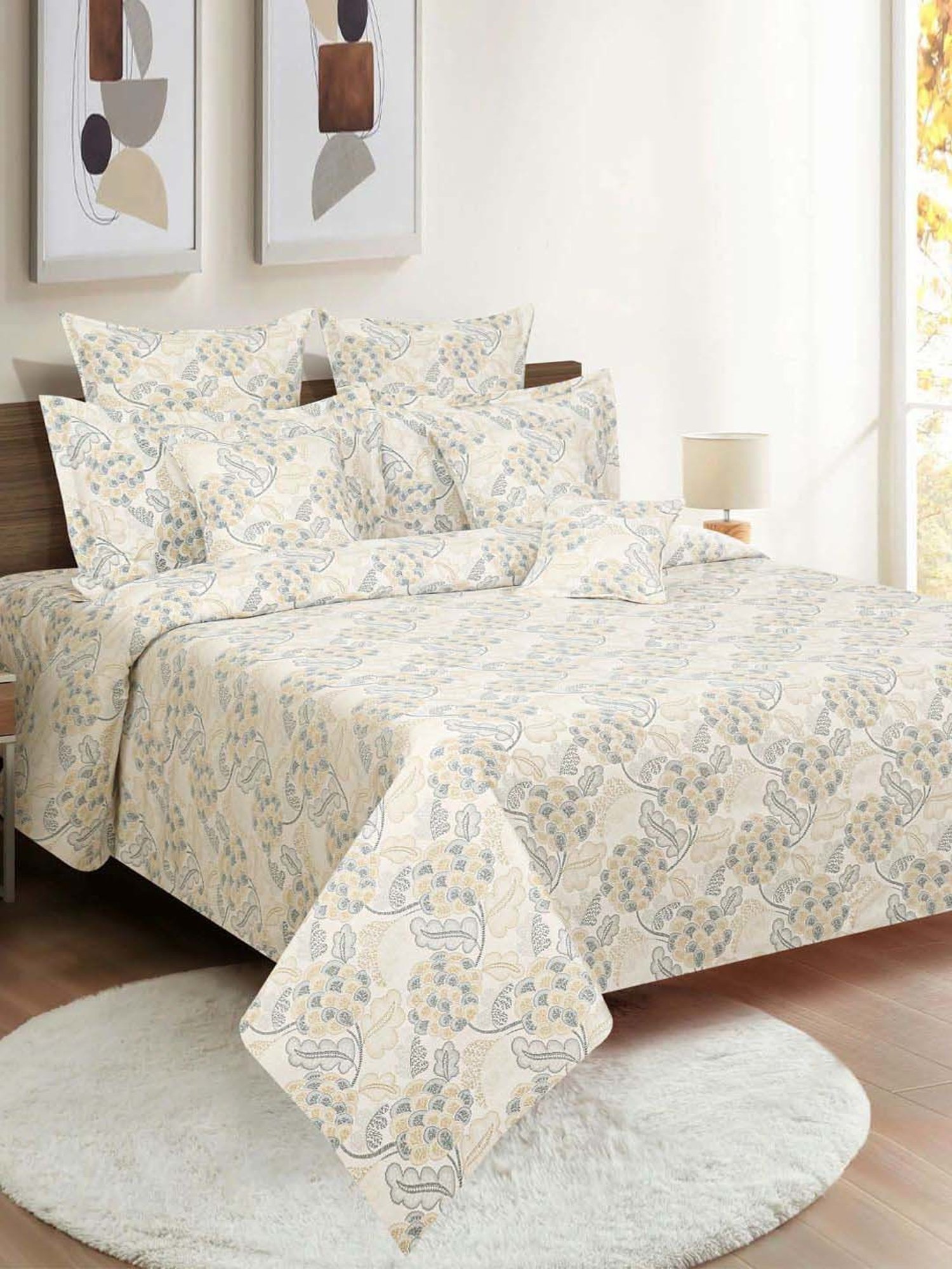 Swayam Grey & Brown Cotton 144 TC Double Size Bedsheet With Pillow Covers